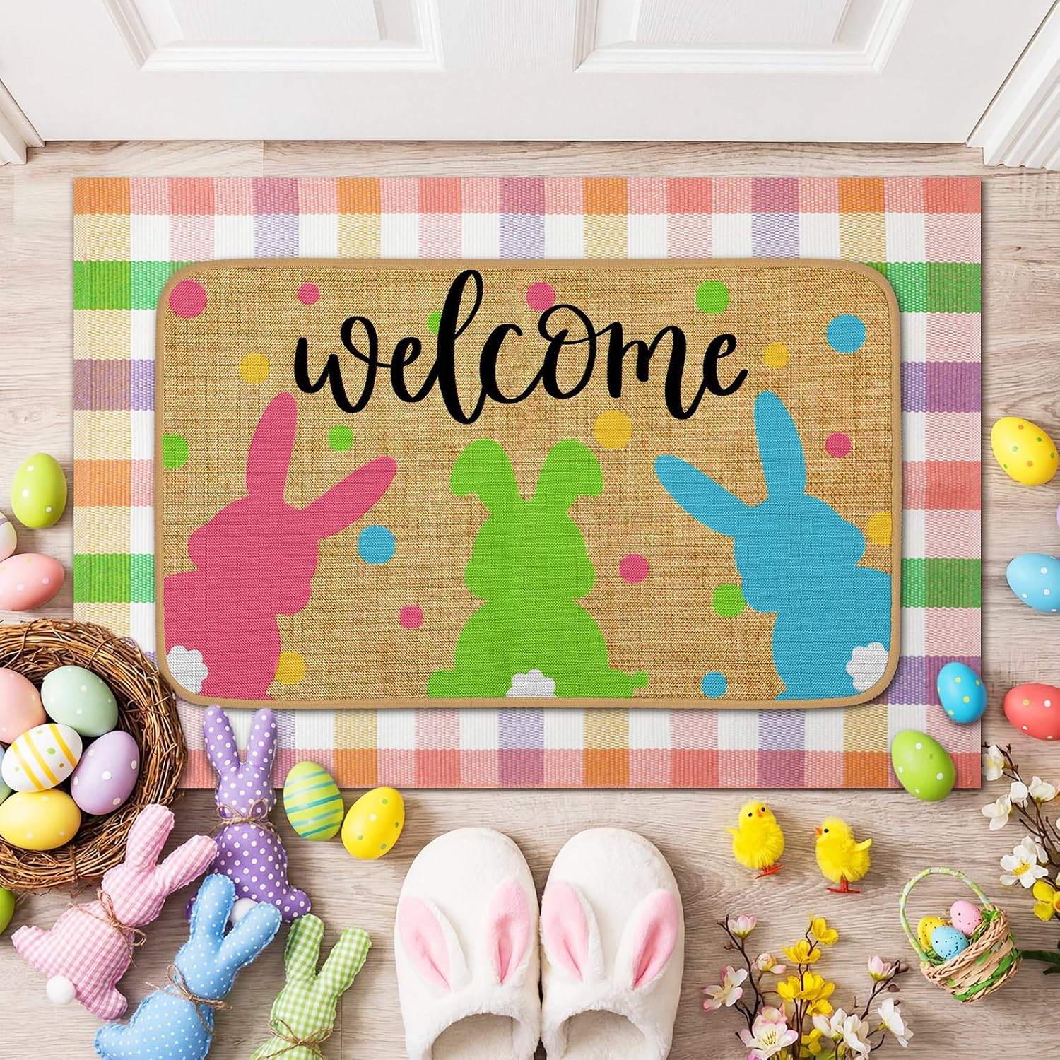 Tinideya 2 Pcs Easter Bunny Doormats Welcome Outdoor Spring Rabbit Door Mats Layered Front Door Rugs Non Slip Floor Mats for Porch Entryway Indoor Outdoor