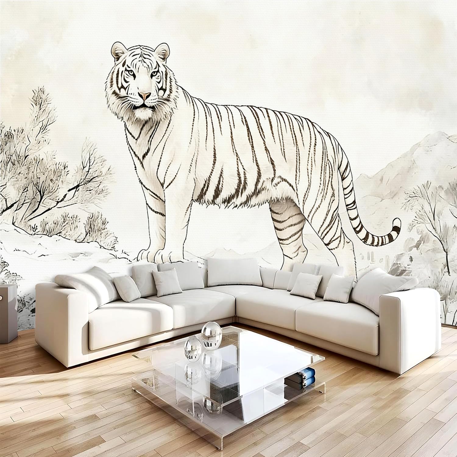 Générique Papier Peint Panoramique 3D 366x254 cm Tigre Non-tissé Murale Maison Décoration Intérieure Animaux Dessinés à La Main pour Chambre Salon Mur TV Artistique Poster Décoration Murale 1M2794
