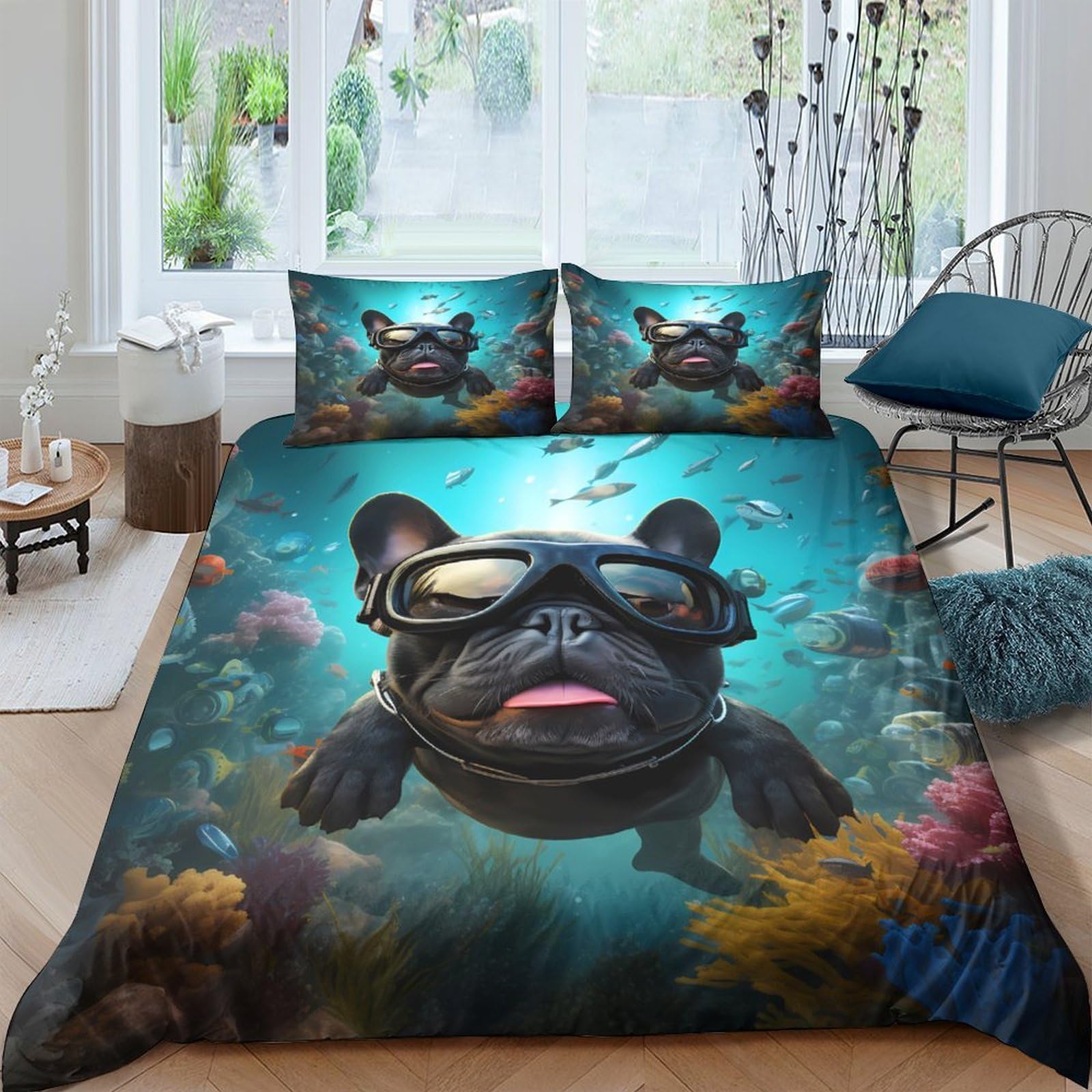 Ctjqhvkz Style-10 3D Printed Underwater Bulldog Fitted Sheet Microfiber Soft Breathable Ocean Dive Bed Cover For Bedroom Dorm Decor Single（135X200cm）