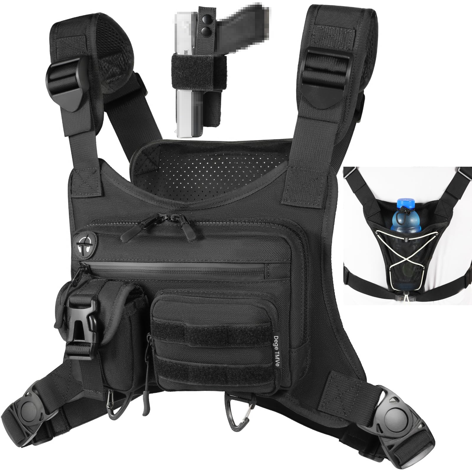 DegeTMVe Tactical Running Chest Bag with Anti-Bounce Design, Water-Repellent & Concealed Pistol Holster – Adjustable 4-Strap, Water Bottle Holder, Reflective Safety for Hiking, Cycling, Workouts