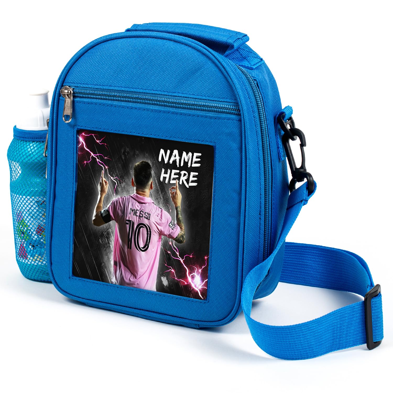 KRAFTYGIFTS Personalised Messi Lunch Bag Miami Football Legend Boys School Nursery Insulated Lunchie Box Lunchbox Snackbox Side Mesh Pocket NL47