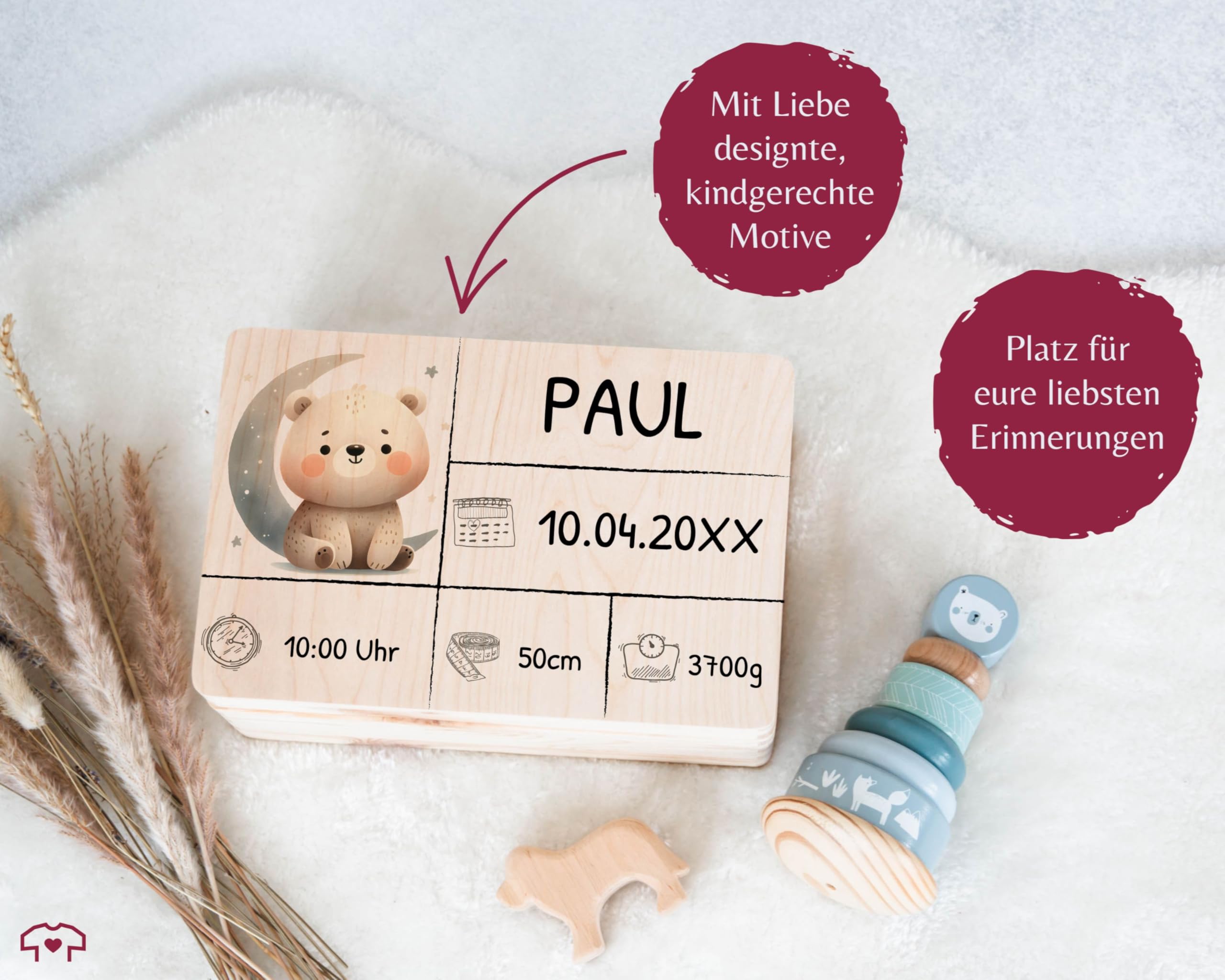 Holz Geschenkbox - Holzkiste zur Geburt Baby Personalisierte mit Bär | Baby Erinnerungsbox | Geschenk zur Geburt - 30 x 20 x 14 - Holz - kiste newborn babybox name bear box
