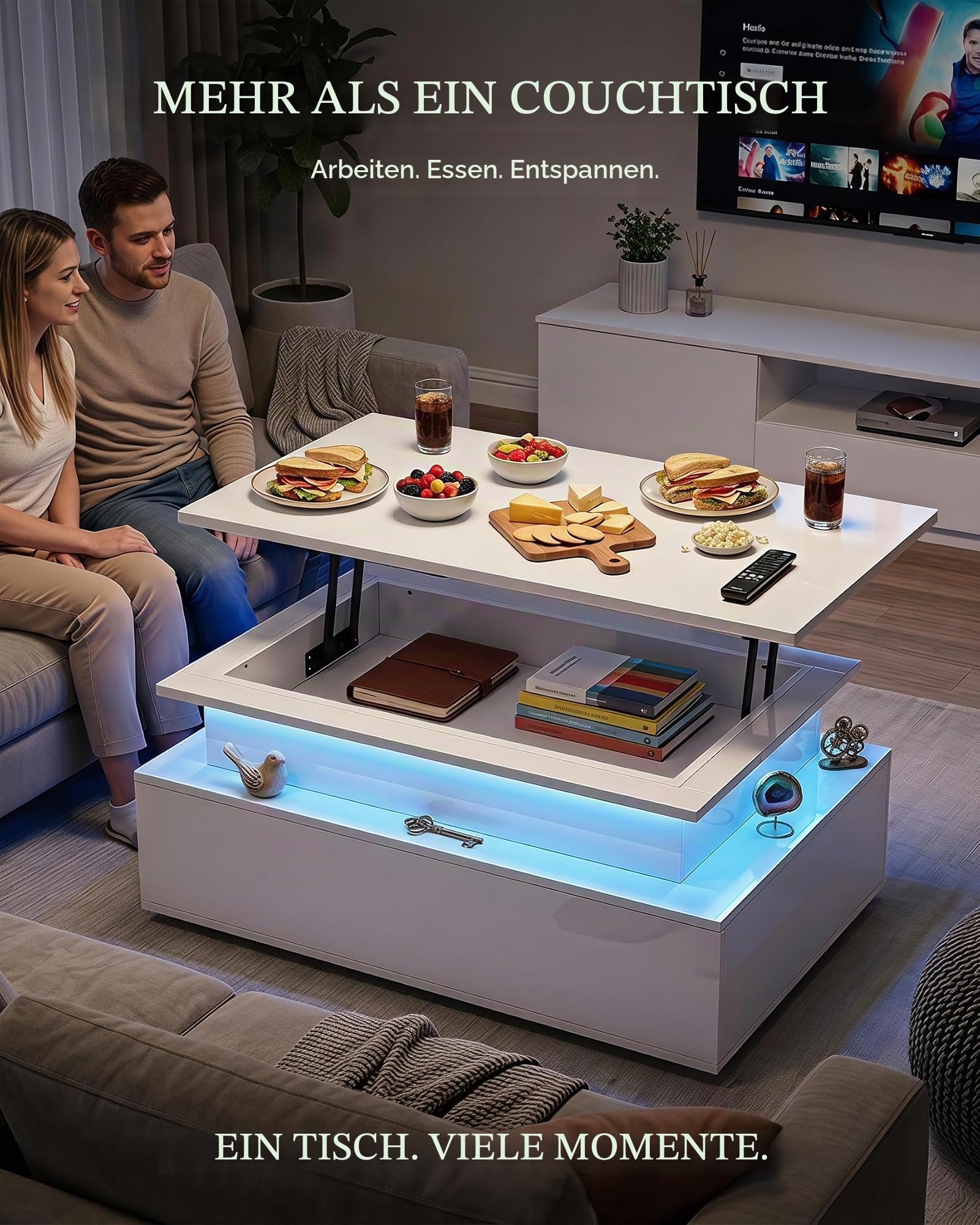 Couchtisch Höhenverstellbar Weiß Hochglanz, Couchtisch Aufklappbar mit Stauraum Modern, Wohnzimmertisch Höhenverstellbar mit Stauraum Klein, Beistelltisch Wohnzimmer, Tisch Wohnzimmer