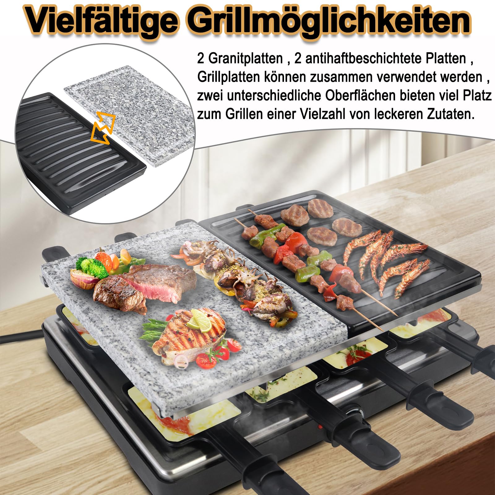 Raclette Grill Piastra elettrica 1400 W con pietra naturale antiaderente piastra 8 padelle e spatola di legno termostato continuo