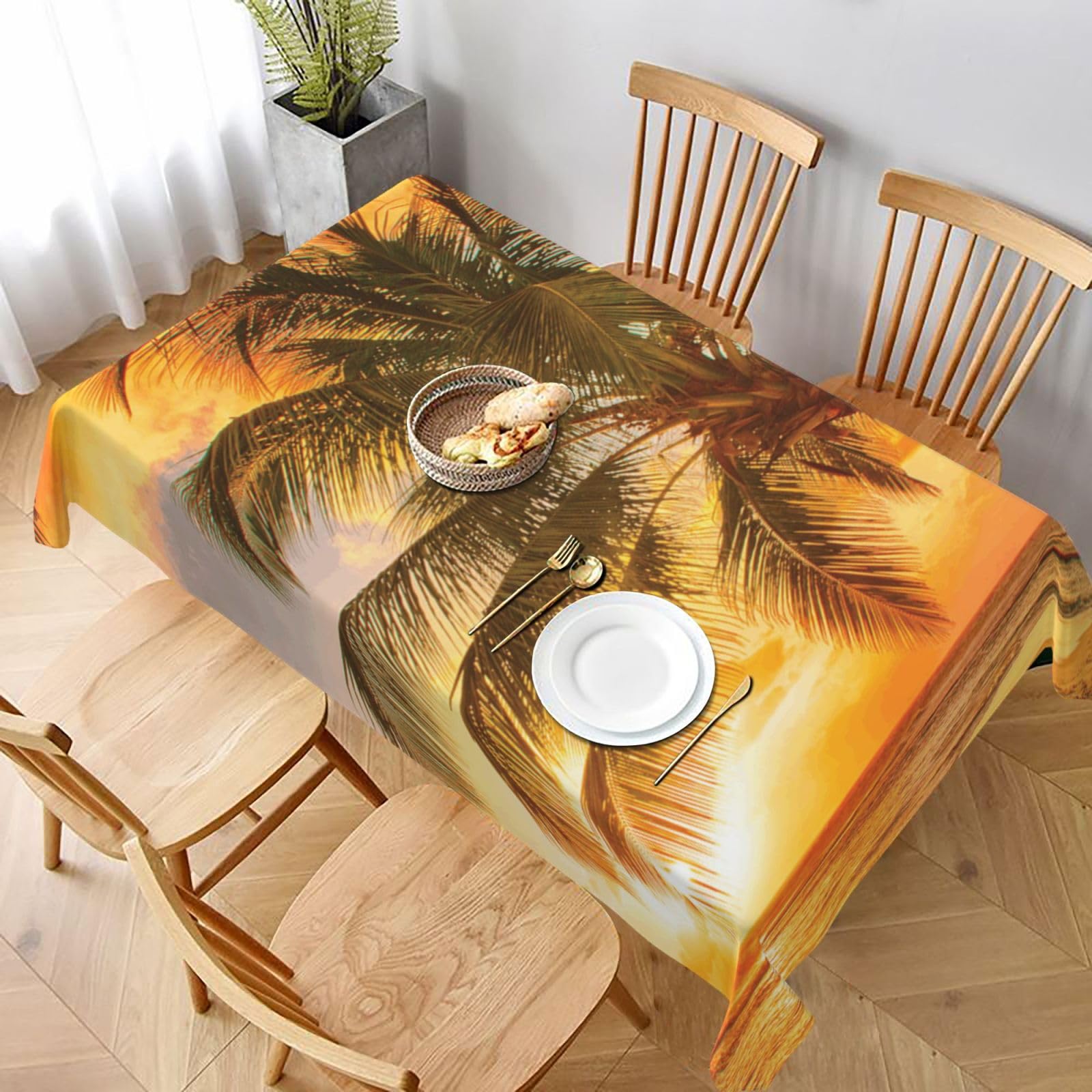 BNVSADC Tropical Beach Palm Tree Sunset Printed Rectangle Tablecloth 228x152 CM, Water Resistant Polyester Table Cloth Decorative Fabric Table Covers for Kitchen Dining Table Parties Camping