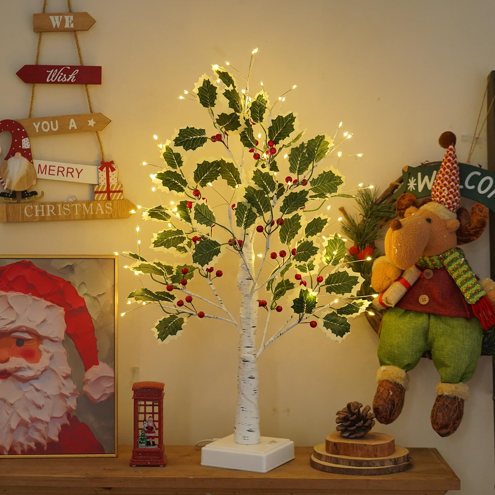 Albero luminoso a LED per interni, con timer, 72 LED bianchi caldi, foglie verdi, bacche rosse, albero decorativo per Natale, primavera, alimentato tramite USB/batteria (60 cm/2 piedi)