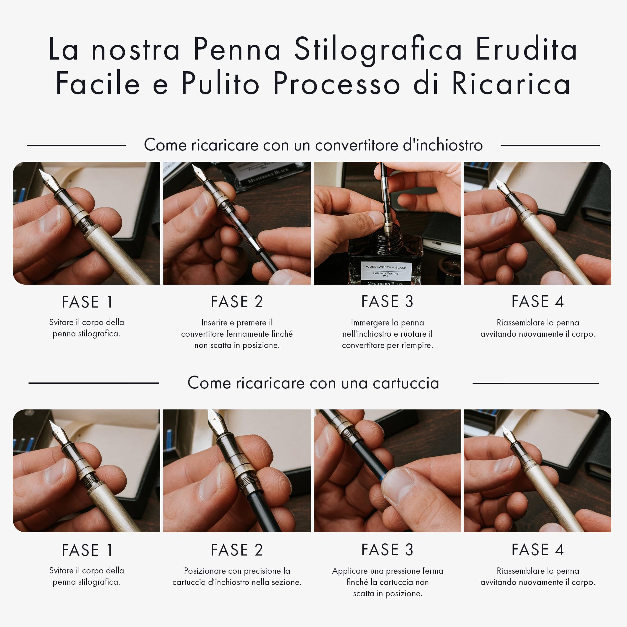 Wordsworth & Black Set di penne stilografiche, Pennino medio, 24 cartucce inchiostro e convertitore, Oro nero