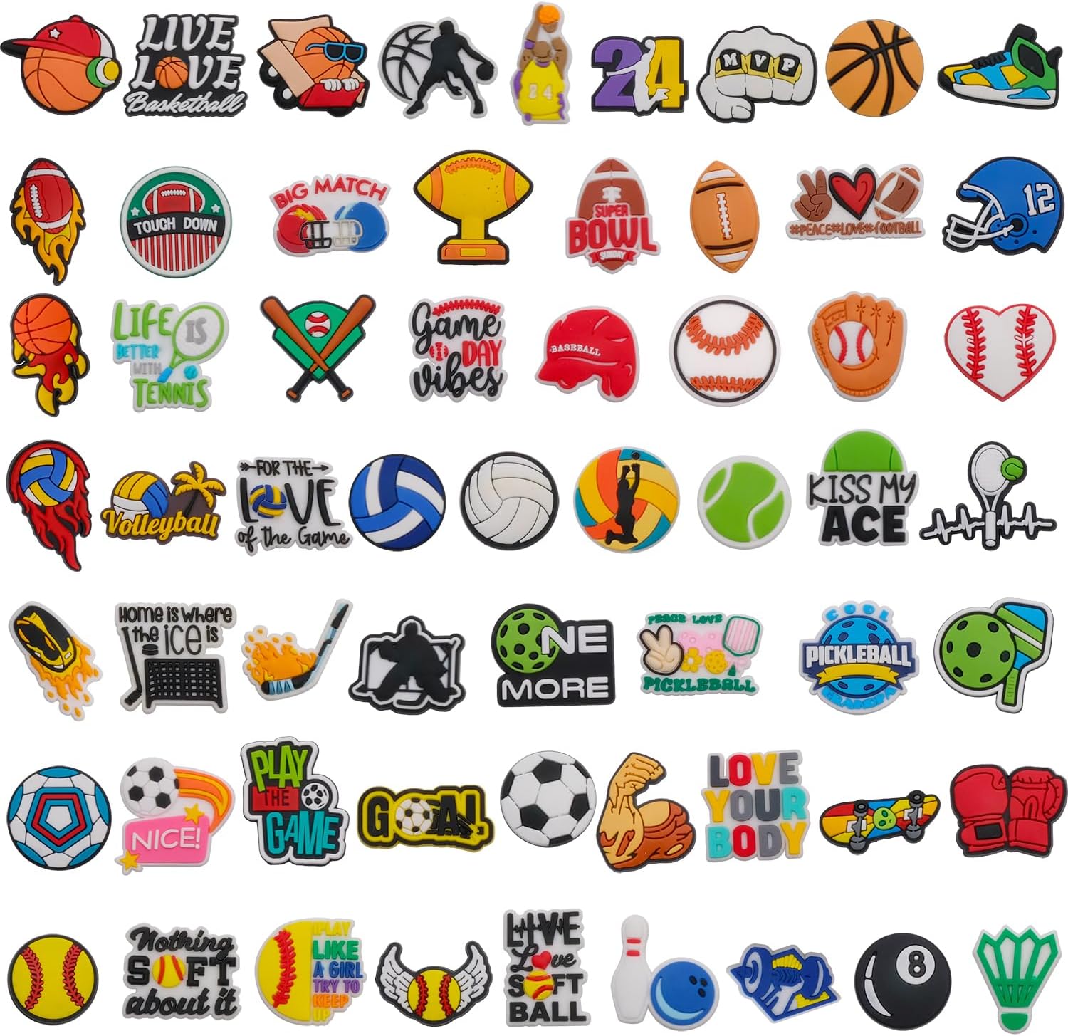 60Pcs Sports Shoe Charms, Basketball Baseball Hockey Softball Soccer Football Pickball Gift for Boys Kids Teens and Adults