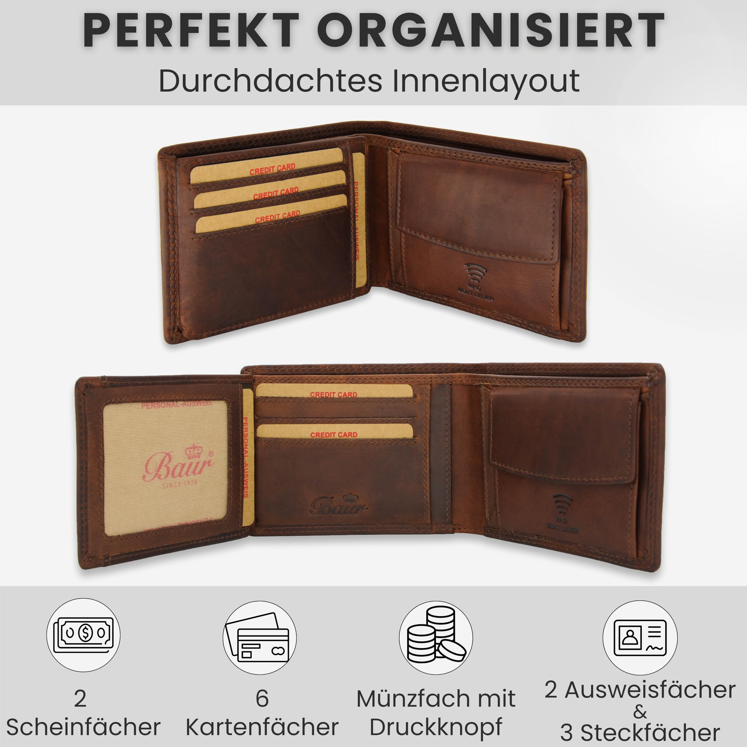Baur Herren Geldbörse – Echtes Leder mit RFID-Schutz – Klassisches Vollleder-Portemonnaie im Querformat mit 6 Kartenfächern und Münzfach (Querformat Standard, Dunkel Braun)