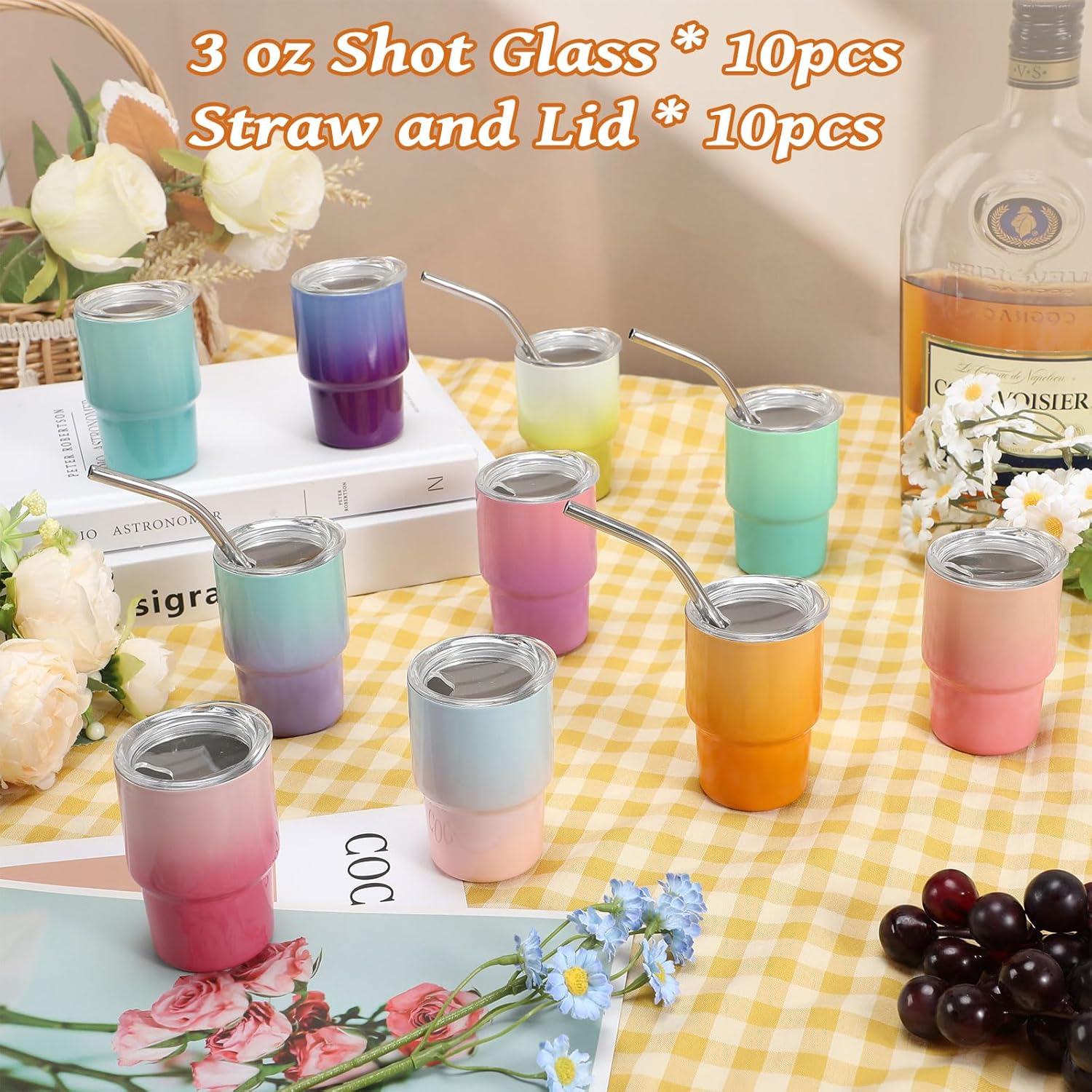 10 Pack 3 oz Gradient Mini Tumbler Shot Glass with Straw and Lid,Sublimation Christmas Shot Glasses Stainless Steel Vacuum Insulated Mini Tumblers Cups Gifts for Wedding Cocktail Party - Image 2