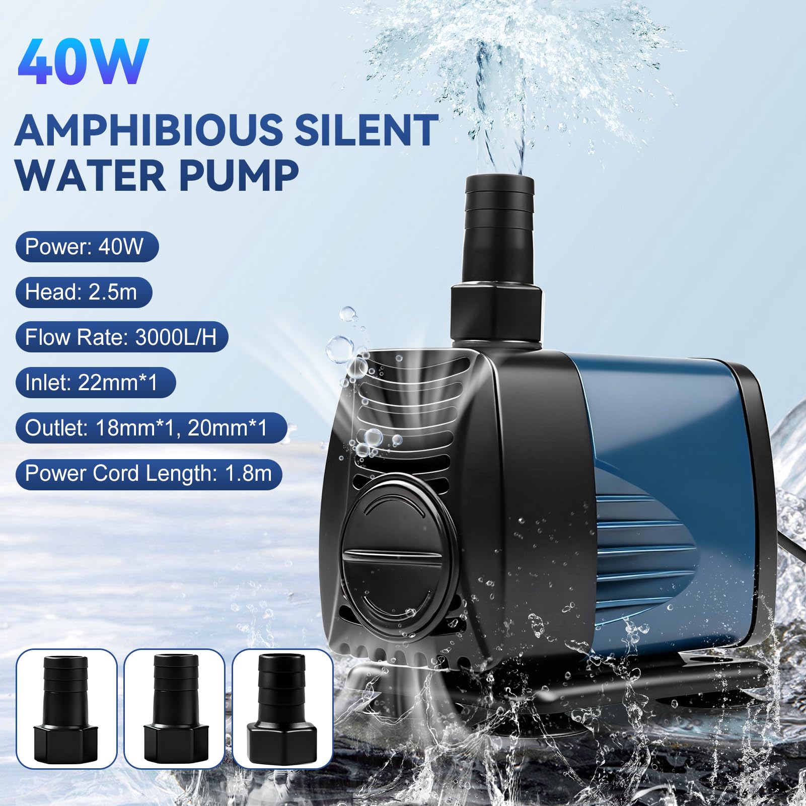 Mini pompa głębinowa 40 W, cicha, 3000 l/h, amfibia