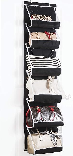 ZOBER Premium Handbag Storage Organiser - 6 Easy Access Deep Pockets - Over The Door Hanging Wardrobe Storage with Durable Metal Hooks - Purse & Handbag Organiser Ideal for Umbrella/Accessories Etc