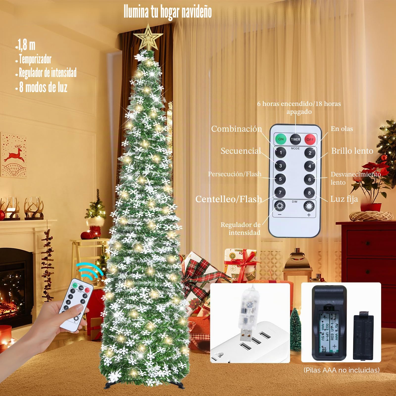 HMASYO Árbol de Navidad de oropel desplegable de 6 pies con 100 luces LED de temporizador y control remoto, árbol artificial plegable verde con adornos de copo de nieve, decoración de Navidad para el
