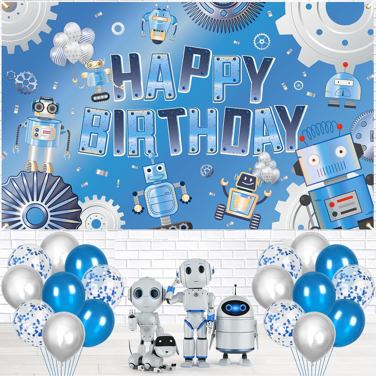 Robot Happy Birthday Banner Decorations Technological Robot Birthday Backdrop Photo Background and 18Pcs Balloons Robot Party Decorations for Kids Indoor Outdoor Party Decoration 70.8 x 43 Inch