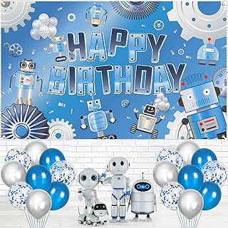 Robot Happy Birthday Banner Decorations Technological Robot Birthday Backdrop Photo Background and 18Pcs Balloons Robot Party Decorations for Kids Indoor Outdoor Party Decoration 70.8 x 43 Inch