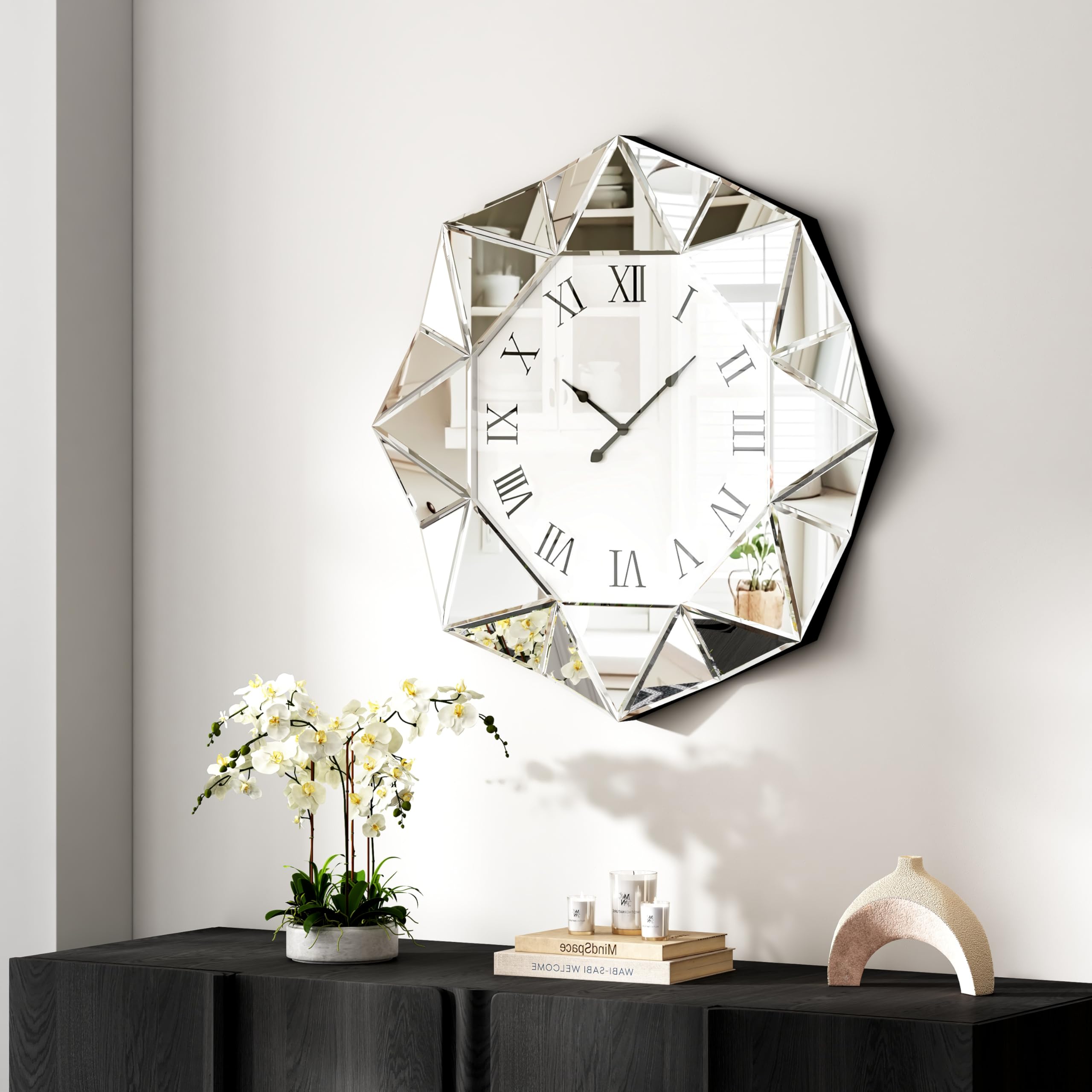 Reloj de pared decorativo, reloj grande plateado con espejo, reloj silencioso moderno con marco biselado de diamante, reloj de pared para sala de estar, comedor, 23.4 pulgadas