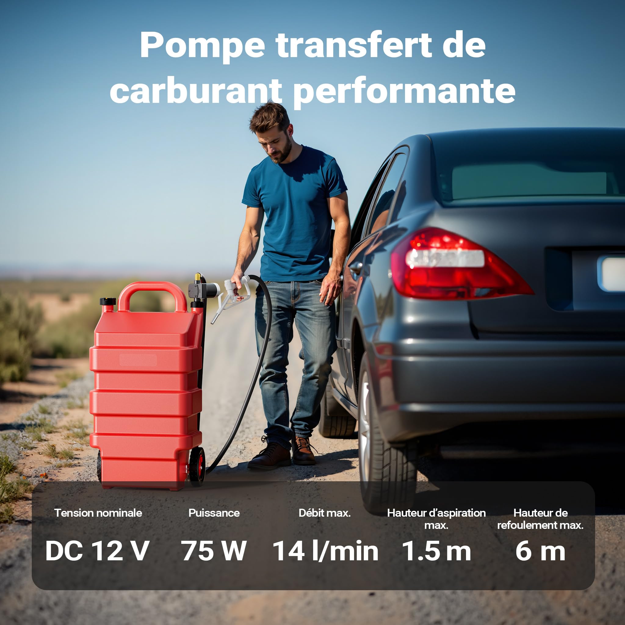 Wiltec Station de ravitaillement mobile 43x26x85cm Caddy ravitailleur 75W Capacité 60L Débit 14L/min Chariot Distributeur Carburant Bidon Jerrycan sur roues Industrie Jardin Station-service mobile