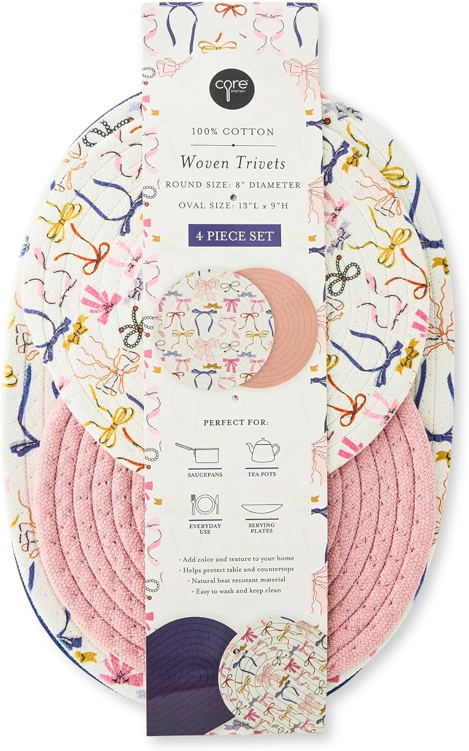 Core Home Round and Oval Woven Cooking Trivet Decorative Countertop Protector 8 Inch Cotton Colorful Bows Set of 4
