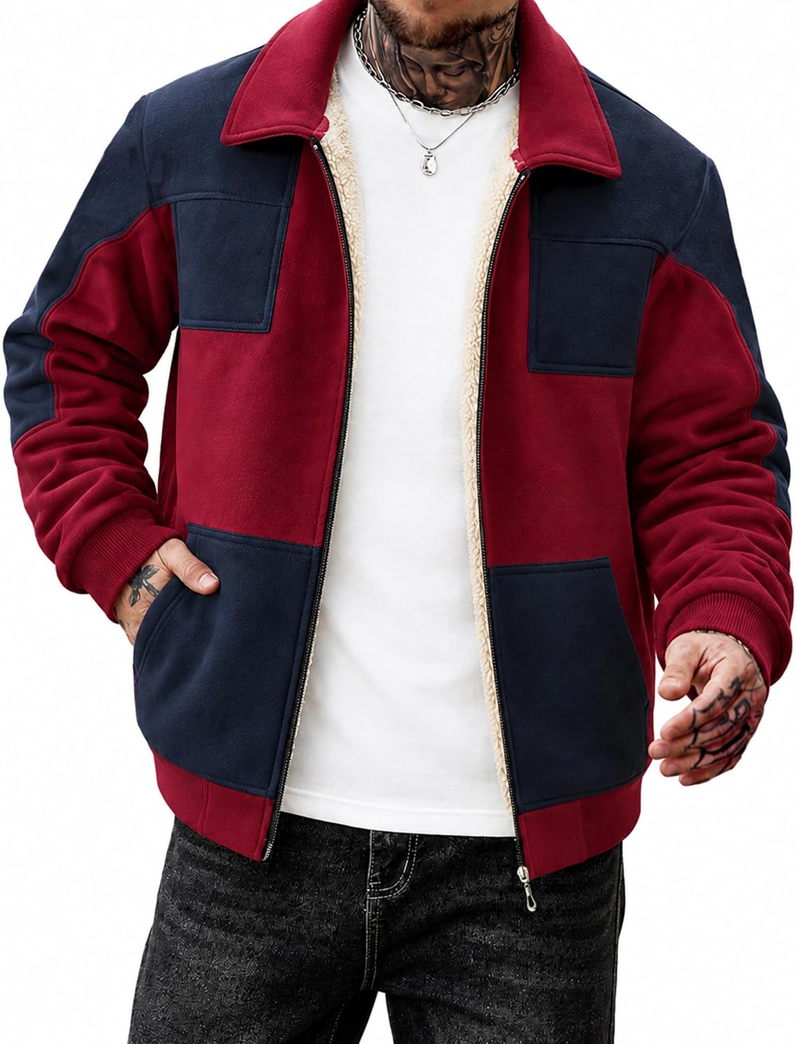 Greymont Men's Sherpa-Lined Full-Zip Color Block Collared Jacket