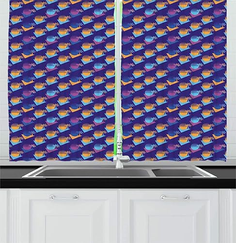 Lunarable Synthwave Kitchen Curtains, Retro Inspired 80's Style Palm Trees and Striped Sun Print Vaporwave Like, Window Drapes 2 Panel Set for