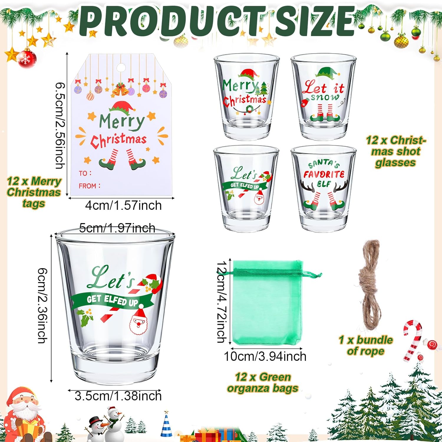 Qinyoung 12 Sets 4th of July Shot Glasses Bulk 2 oz Patriotic Mini Clear Shot Cups Glasses with Cards Gifts Bags for Memorial Independence Veterans Day Party Favors Supplies (Christmas)