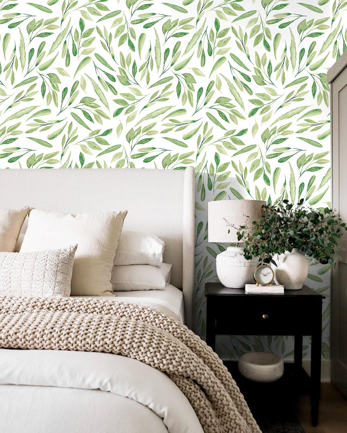 HAOKHOME Boho Peel and Stick Wallpaper Green Leaves Removable Vinyl Self Adhesive Contact Paper for Bedroom 17.7in x 9.8ft