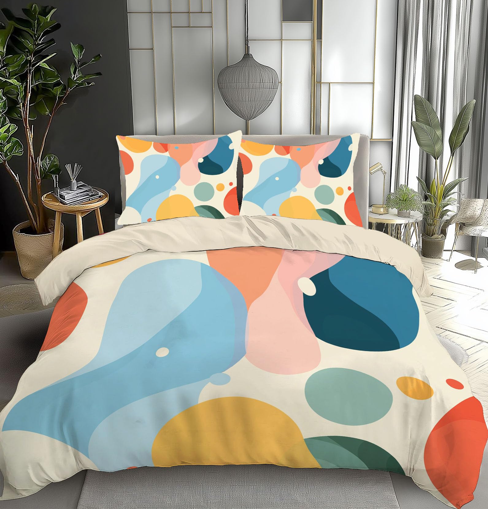 Juego de Funda Nórdica 150x220cm 3 Piezas para Cama, Abstracto Círculo Microfibra de Poliéster Suave Transpirable Arte, Incluido 1 Funda Edredón y 2 Fundas de Almohada, Crema