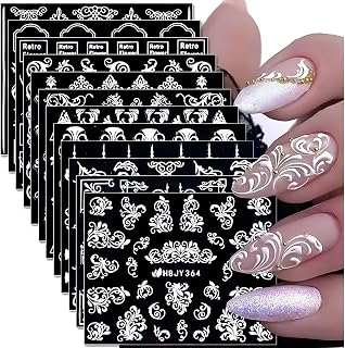 12 Sheets White Nail Art Stickers 3D Self Adhesive White Flower Nail Stickers White Lace Leaf Nail Decals for Nail Art Floral Retro Nail Design Decoration Accessories for Women and Girls