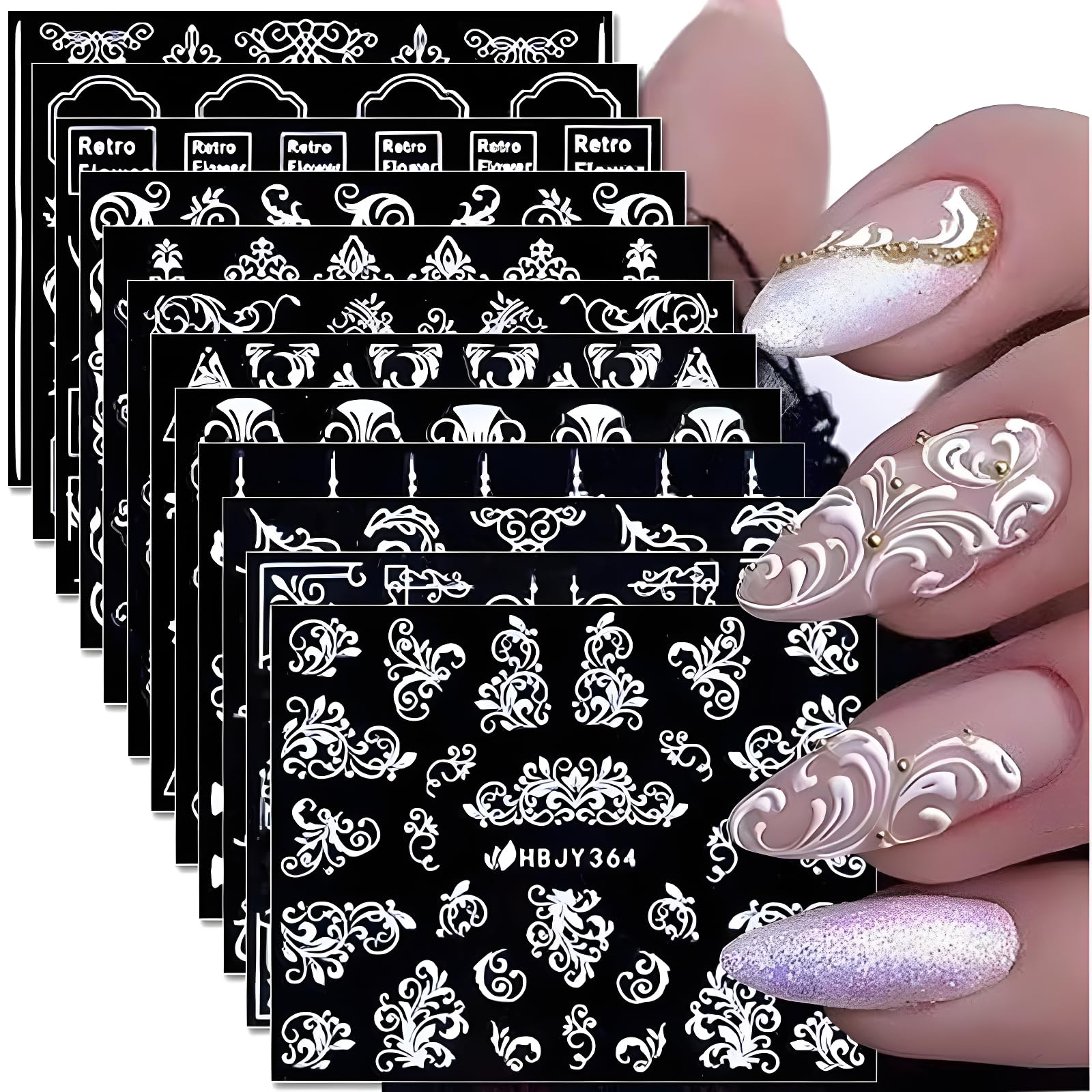 12 Sheets White Nail Art Stickers 3D Self Adhesive White Flower Nail Stickers White Lace Leaf Nail Decals for Nail Art Floral Retro Nail Design