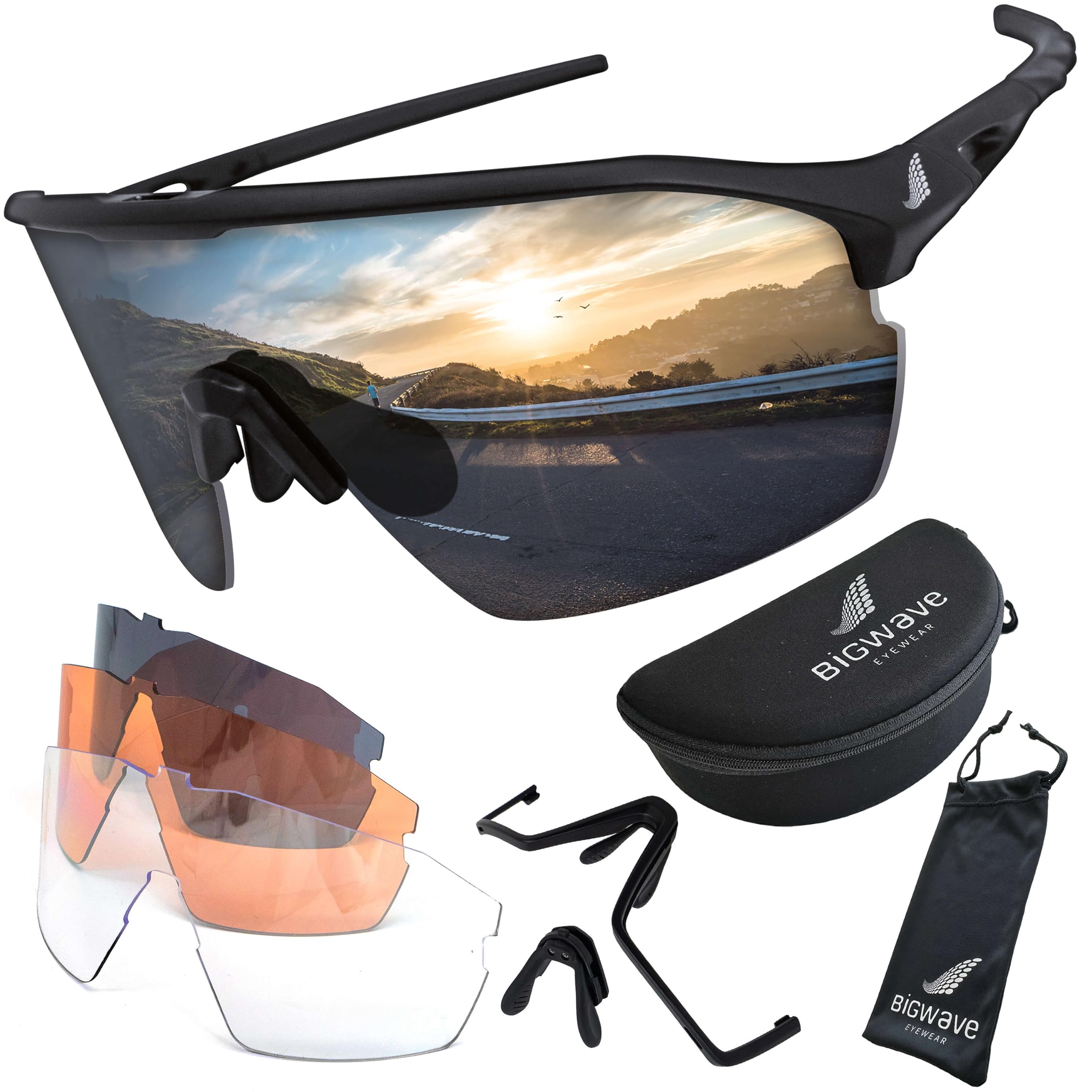 BIGWAVE Sportbrille aus bruchsicherem Grilamid TR90 – mit 3 superentspiegelten Wechselgläsern - Schnelle Brille im Shield-Design mit UV400 Anti-Beschlags-Beschichtung für Damen und Herren.