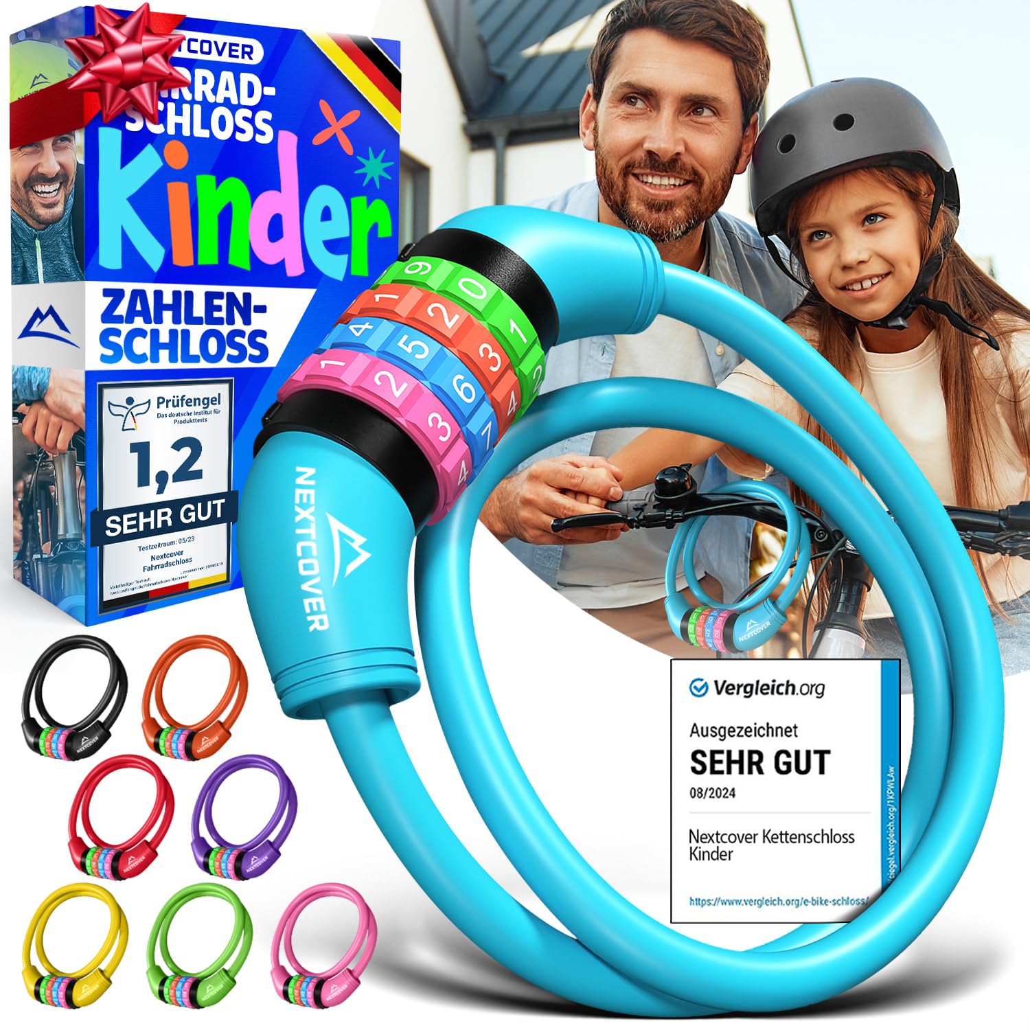 NEXTCOVER® Fahrradschloss Kinder mit 4-stelligem Zahlencode I Kinder Fahrradschloss - Ideal für Roller, Fahrrad & mehr I Zahlenschloss Fahrrad mit bunten Zahlen - Roller Schloss Extra robust & sicher