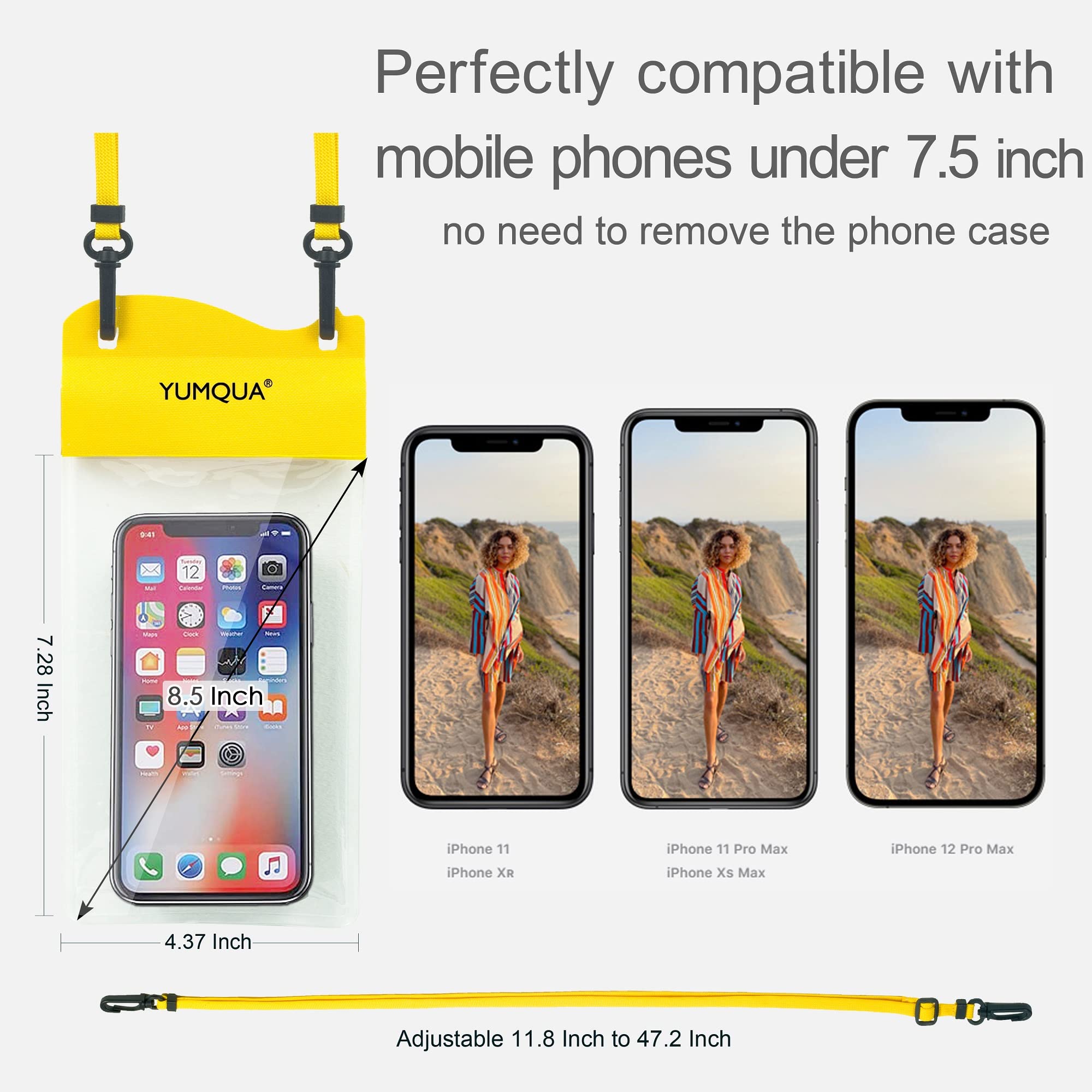 YUMQUA Paquete de 2 bolsas impermeables grandes para teléfono móvil, IPX8, bolsa impermeable compatible con iPhone 14, 13, 12, 11 Pro Max/8 Plus, Galaxy S23 Ultra, S22, S20+, Pixel 4 XL, hasta 7,5