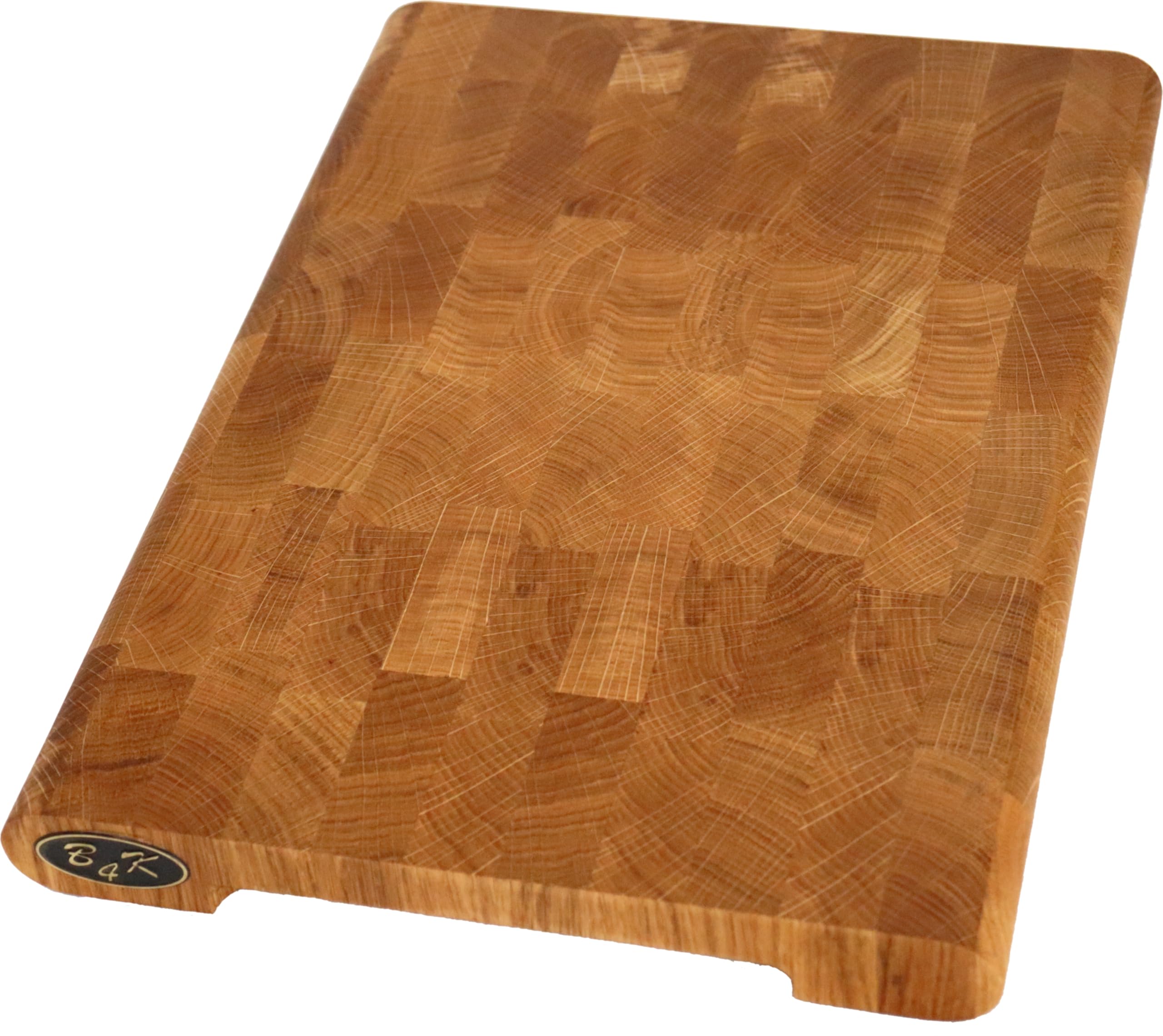 B4K® Schneidebrett 35 × 25 cm aus Eichen-Stirnholz Inkl. Ständer | Hackblock mit Ständer, Abgerundete Kanten, Rutschfest mit Silikonfüßen, Griffmulden, Ideal für Küche & BBQ