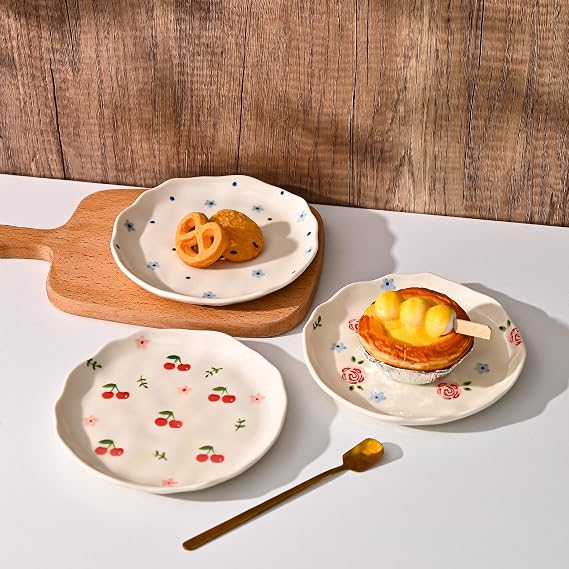 Koythin Ceramic Floral Dessert Plate, Pink Cherry Print Small Serving Plate | Cherry Floral Plate, Fit Cake Fruit Snacks; Mothers Day Matching Kitchen Gift