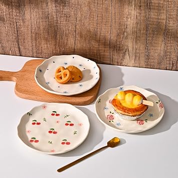 Koythin Ceramic Floral Dessert Plate, Pink Cherry Print Small Serving Plate | Cherry Floral Plate, Fit Cake Fruit Snacks; Mothers Day Matching Kitchen Gift