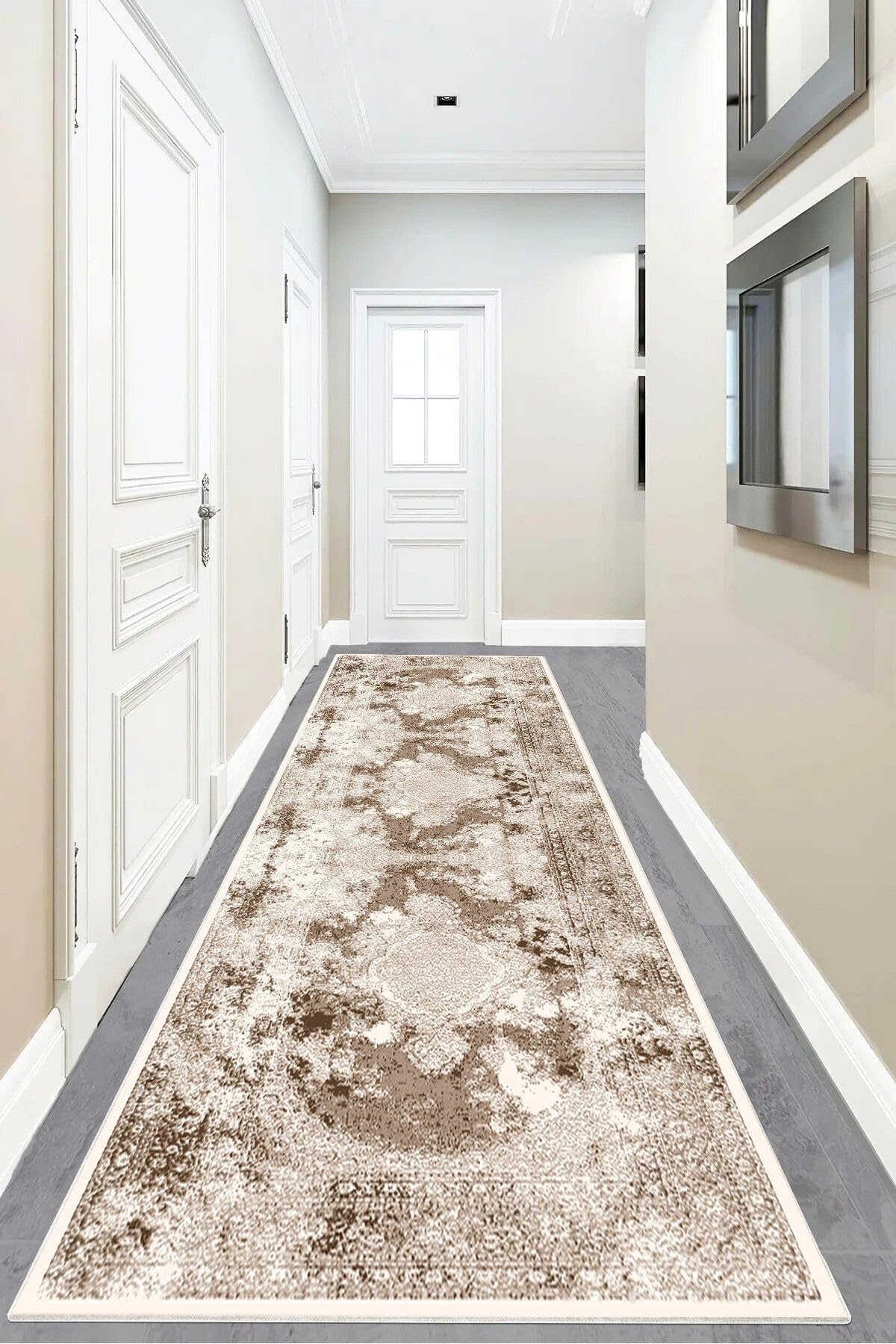 Pelangi Osmanlı Motifler Şal Desenli Etnik Dijital Baskı Yıkanabilir Kaymaz Taban Eskitme Salon Halısı, Sütlü Kahverengi 80 x 200, 955572411802007