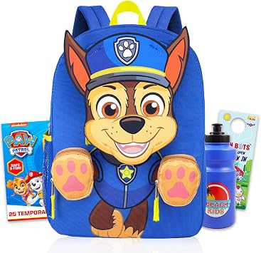 Paw Patrol Backpack Set - Bundle with 16 Chase Bookbag with 3D Front Pockets Plus Water Bottle, Tattoos, More | Chase Paw Patrol School Backpack for Boys