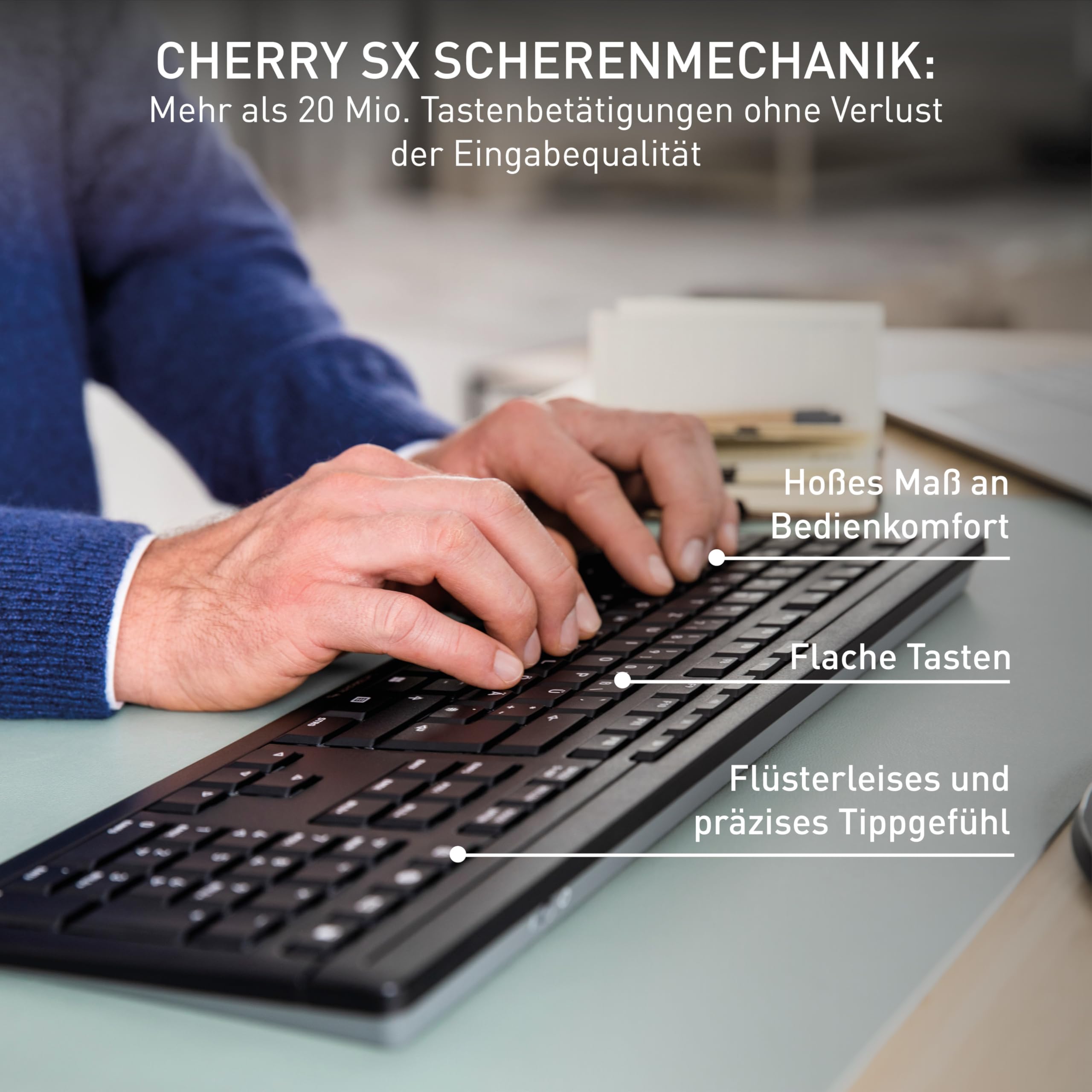 CHERRY Stream Desktop Comfort, Kabelloses Tastatur-Maus-Set, Deutsches Layout (QWERTZ), 2,4 GHz Funk, Leise Tasten, Ergonomische Rechtshändermaus, Schwarz