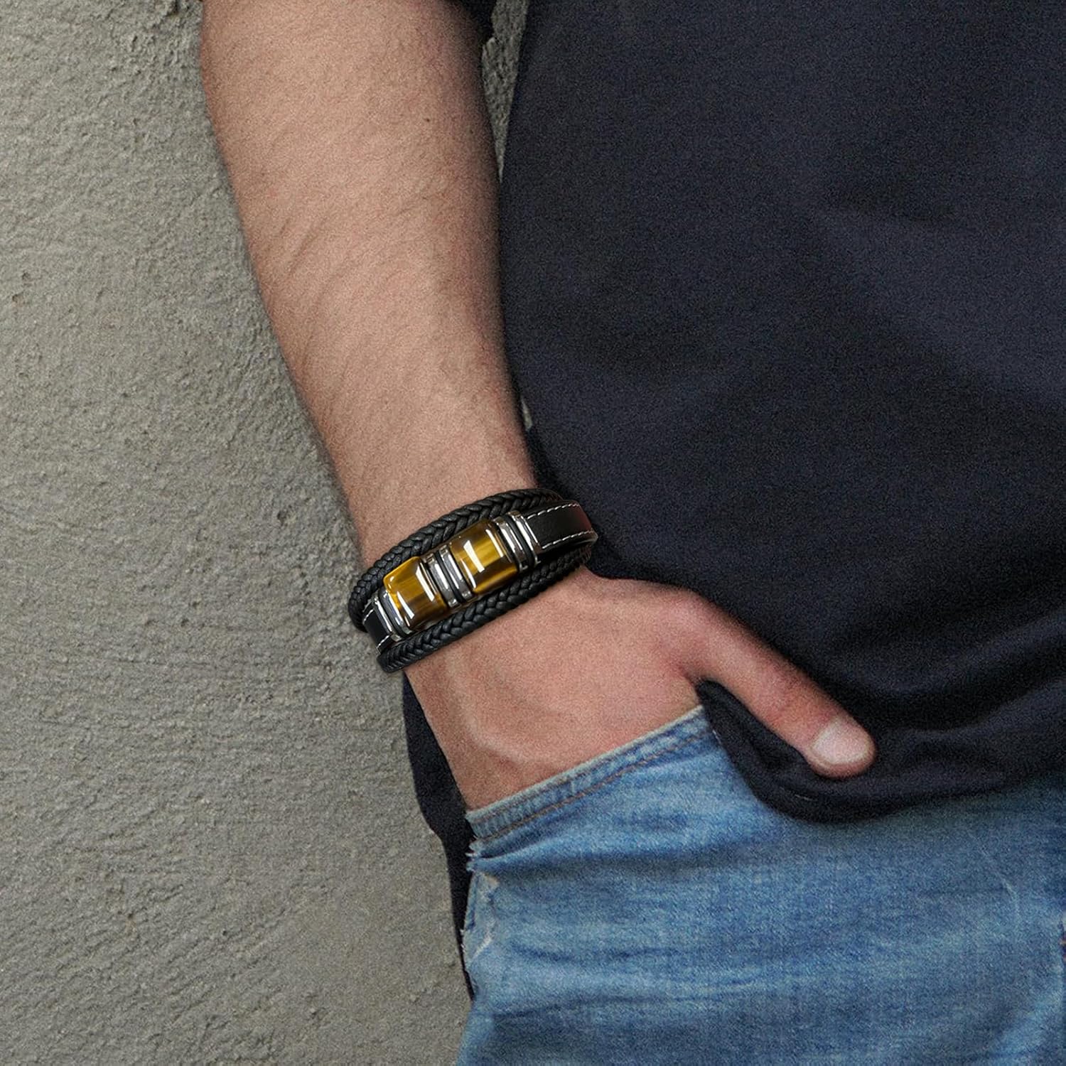 STARCHENIE Multi Strand Bracelet for Men Square Authentic Tiger Eye Black Braided Leather Mens Bracelet and Stainless Steel Buckle - Image 3
