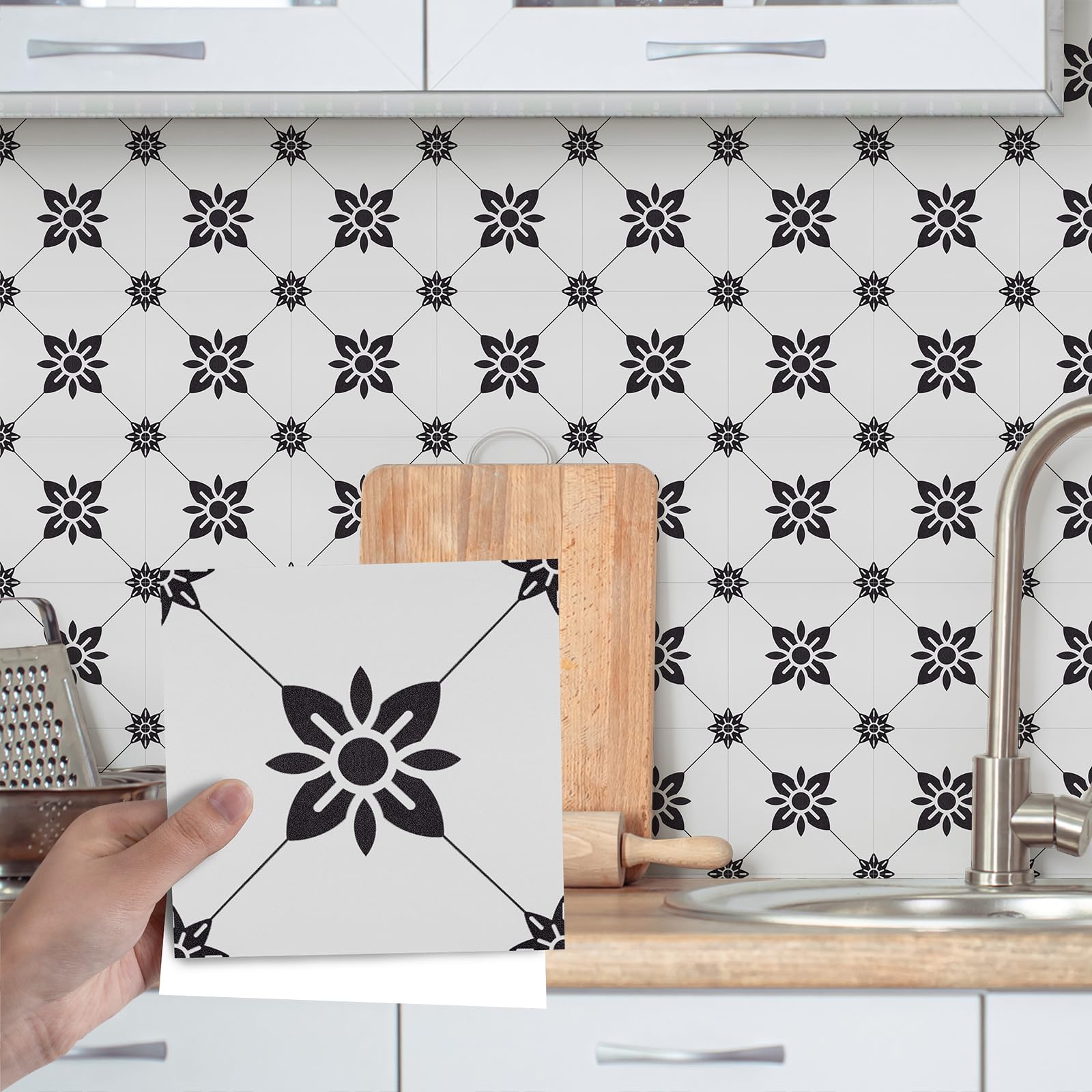 Fantasnight Tile Stickers Black, Stick on Tiles Matt 15x15cm 12Pcs, Vinyl Self Adhesive Peel and Stick for Bathroom, Removable Backsplash for Kitchen Flower