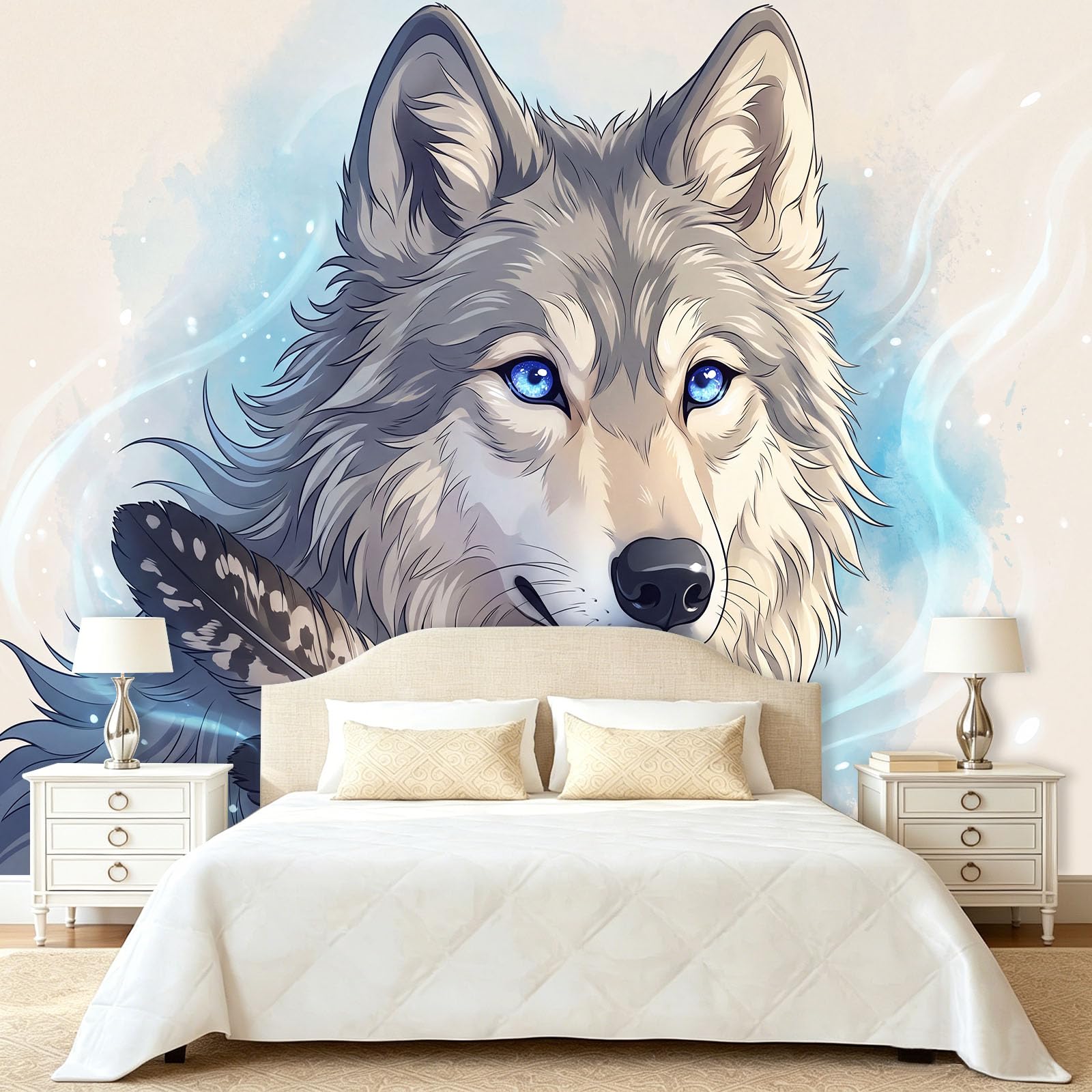 Générique Tapeta wilk szare pióro fala 300 x 210 cm (szer. x wys.) gigantyczny plakat ścienny 3D, fototapeta z kreskówki, fototapeta z włókniny do salonu, sypialni i kuchni