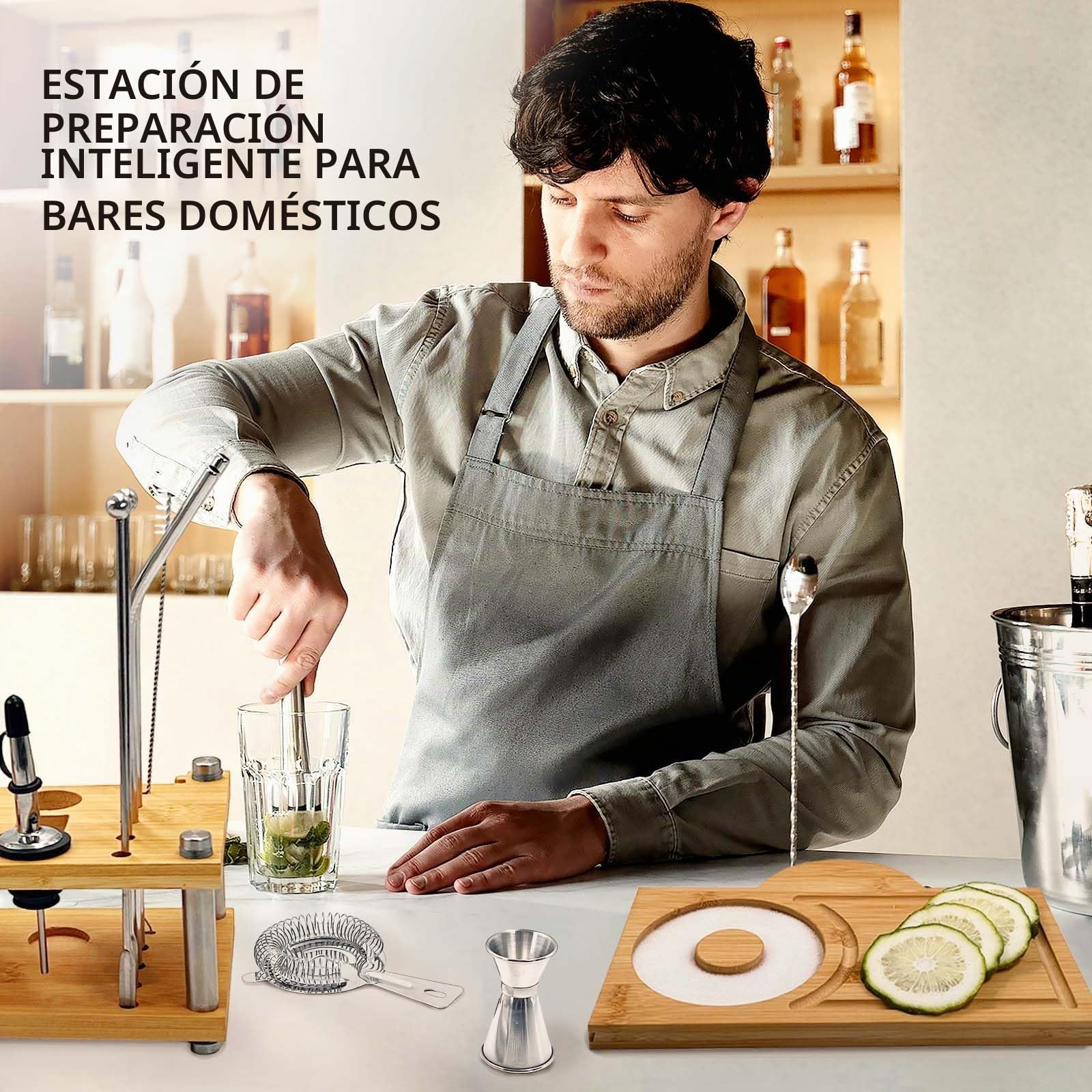 Daily Treasures Kit Profesional para Cócteles con Soporte Bambú y Salero Margarita, 16 Piezas - Shaker Boston 825ml, Accesorios Bar Hogar, Regalo Mixología