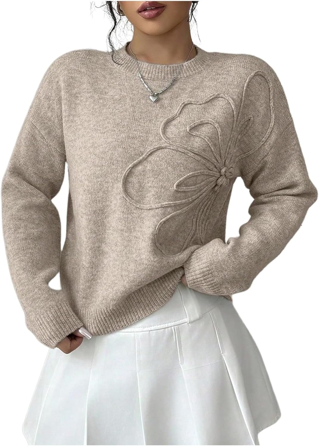 Womens Floral Crochet Pullover Sweater Boho Long Sleeve Embroidered Crew Neck Sweaters Fall Fashion 2025