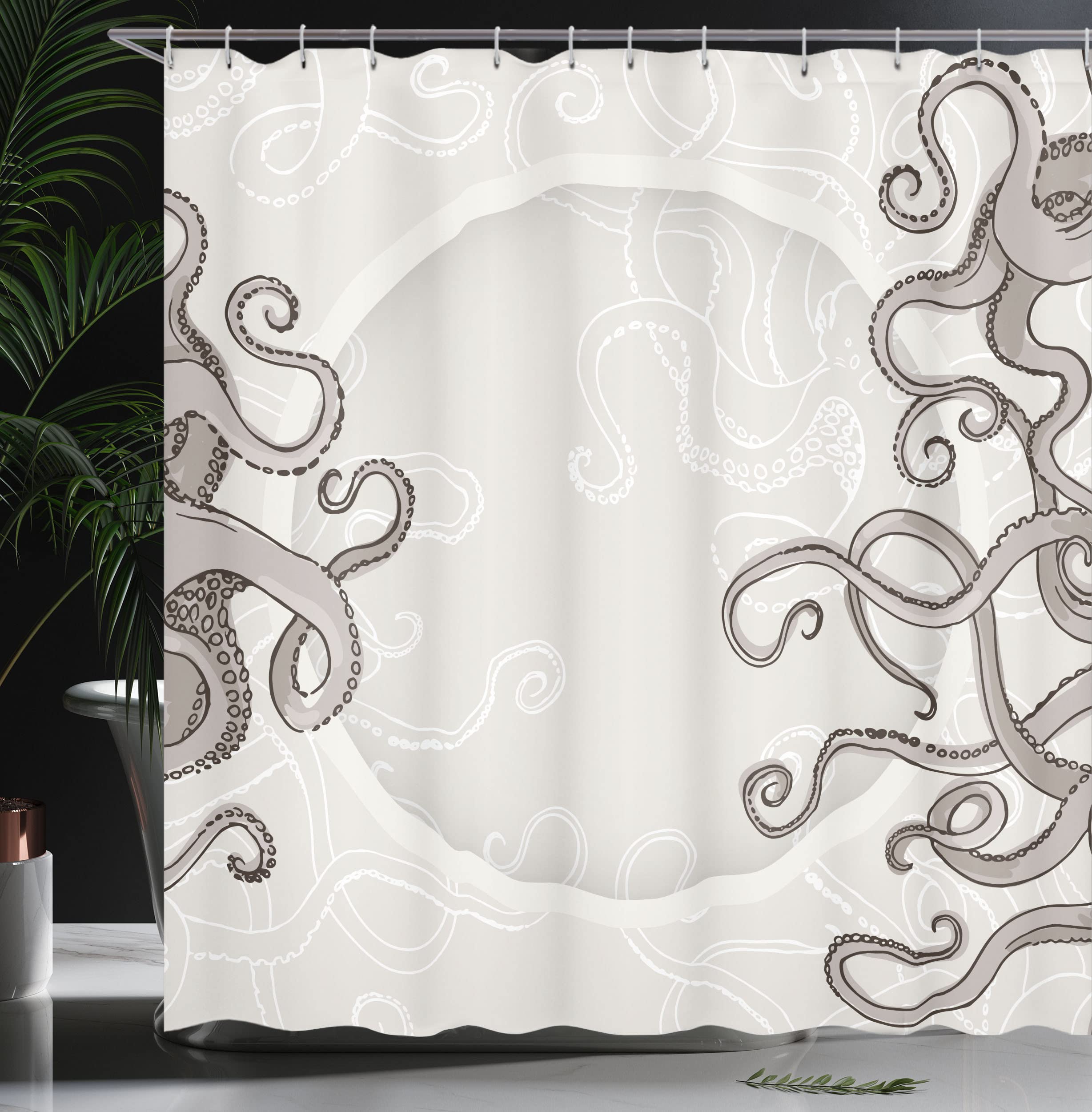 ABAKUHAUS Kraken Shower Curtain, Fish Octopus Tentacles a Circular Shape Surreal Universe Treasure Beast Graphic - Image 3