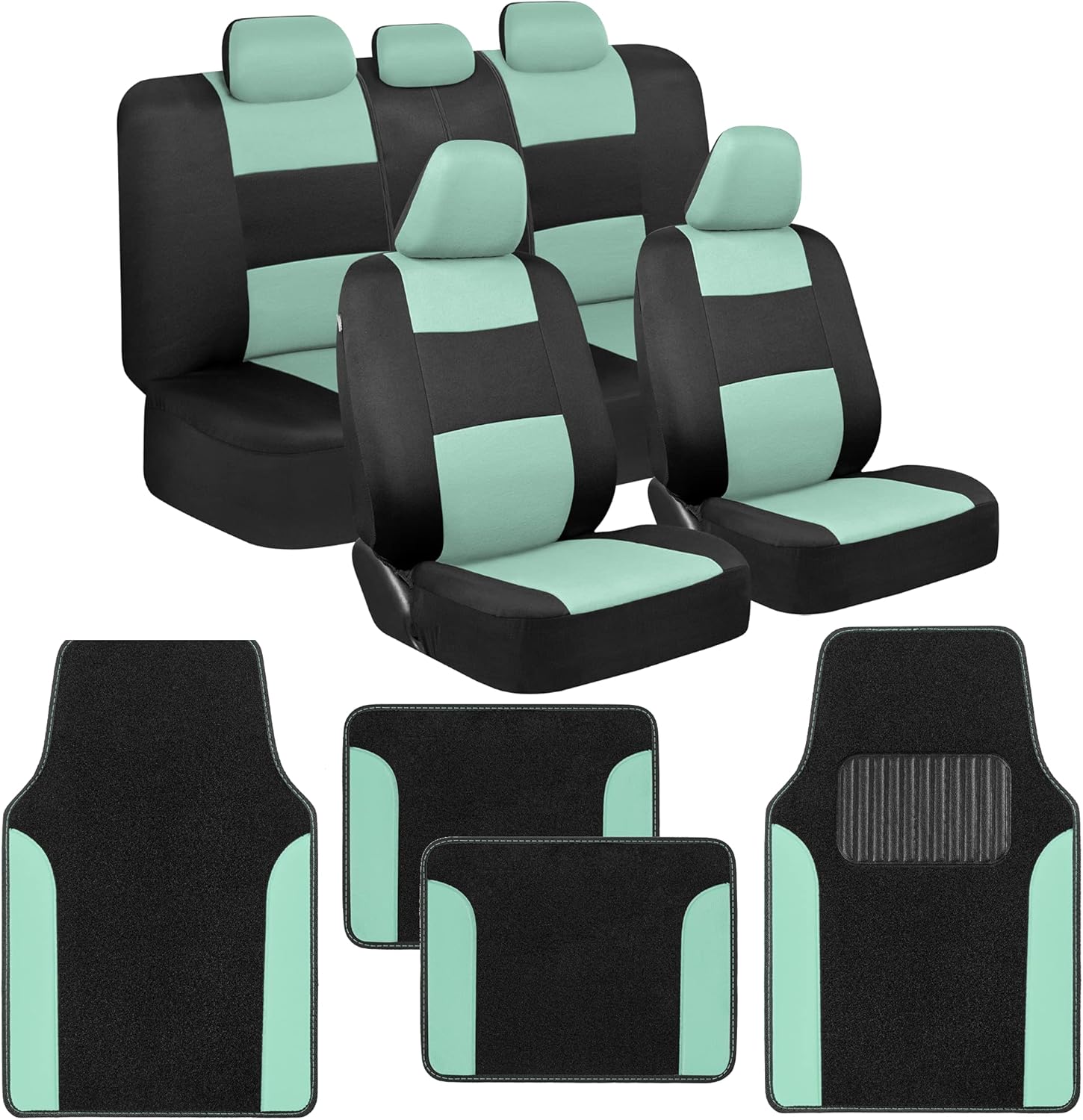 BDK PolyPro Mint Car Seat Covers Full Set with 4-Piece Car Floor Mats - Two-Tone Universal Fit Seat Covers for Cars with Carpet Floor Mats, Seat Protector Interior Accessories for Auto Truck SUV : Automotive