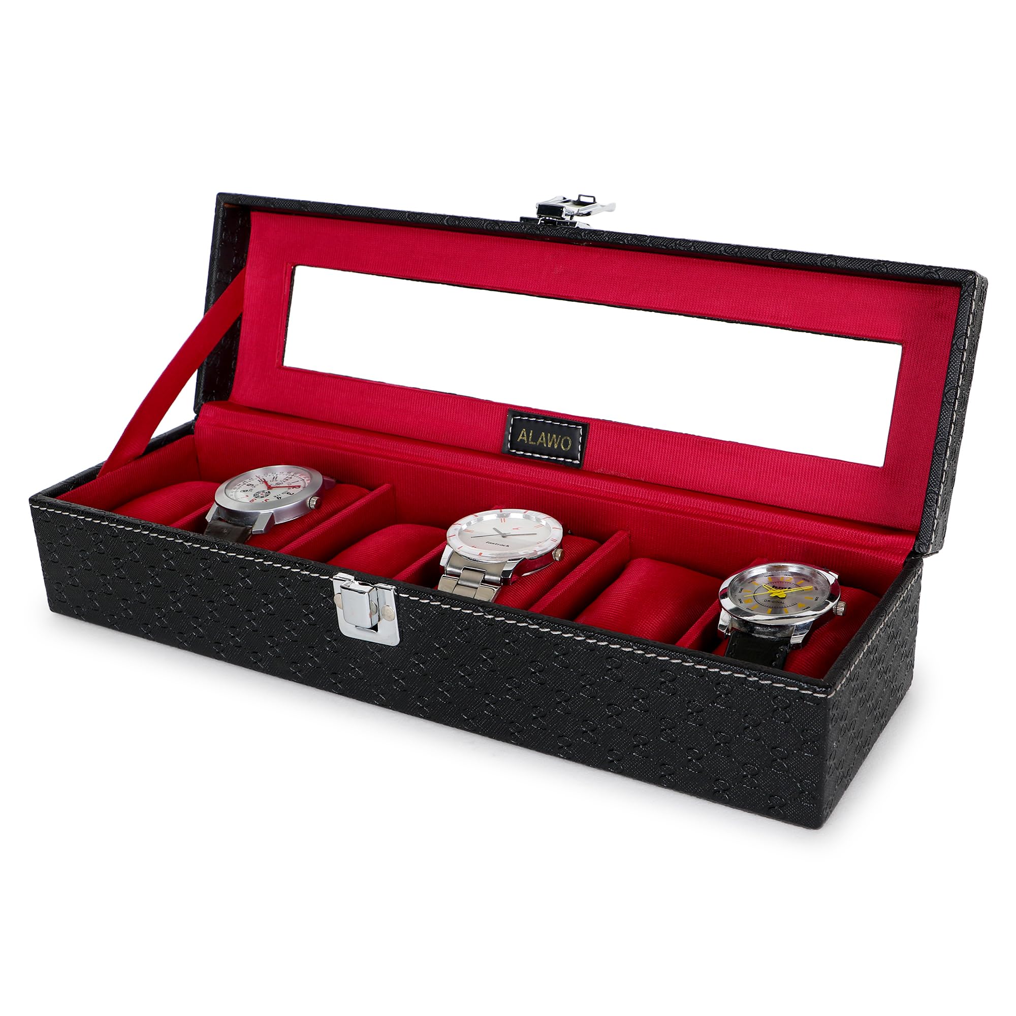 ALAWO Watch Box Organizer Holder Case with 6 slots of Watches in Transparent Display with Black & Cherry Color (B0CTJ2GHB8) Amazon Price History, Amazon Price Tracker