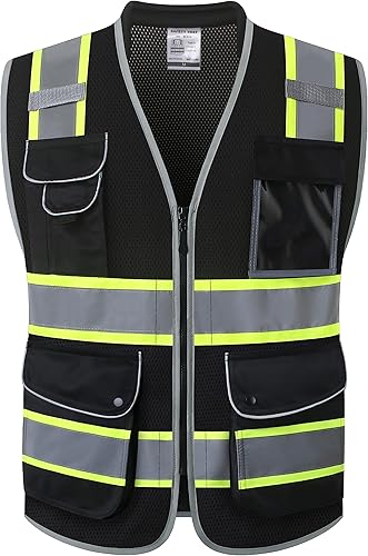 JKSafety - Chaleco de seguridad negro de alta visibilidad, 9 bolsillos, unisex, construcción reflectante, tela de malla, cuello acolchado, equipo de
