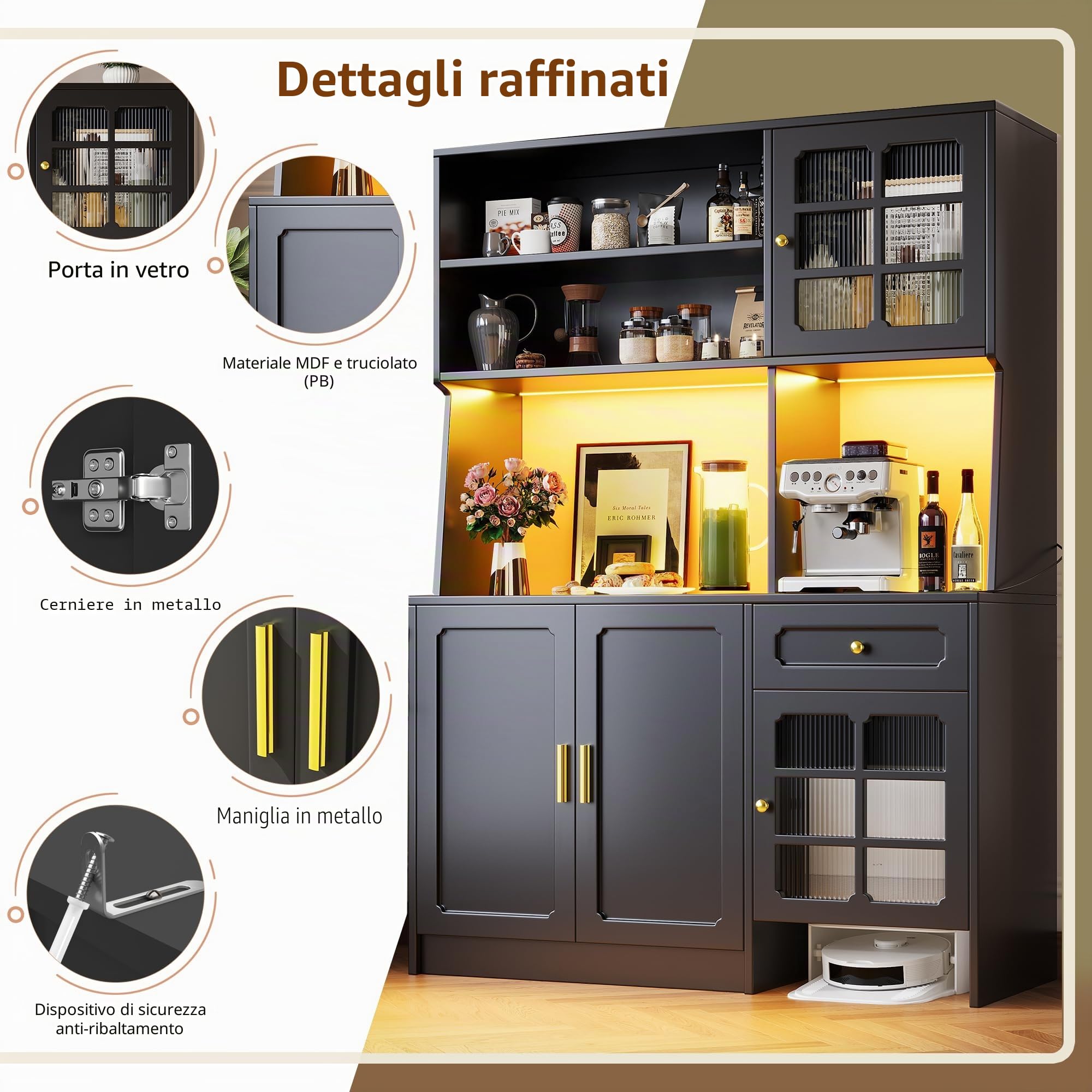 Kebnor Mobile alto da cucina, credenza, armadio da cucina con ante in vetro e illuminazione a LED, nero (130 x 45 x 180 cm)