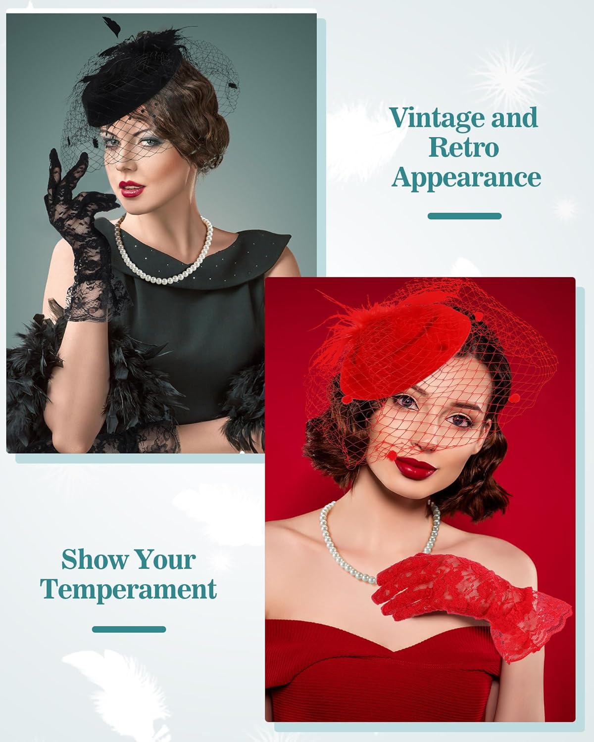 6 Sets Fascinators Hats for Women Tea Party Hat with Veil and Lace Gloves and Bead Necklaces for Vintage Party - Image 4