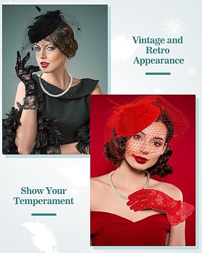 Miniatura 4 de 6 juegos de tocados para mujeres y niñas, sombrero de fiesta de té con guantes de encaje y collares de cuentas, sombrero de cóctel para fiesta de